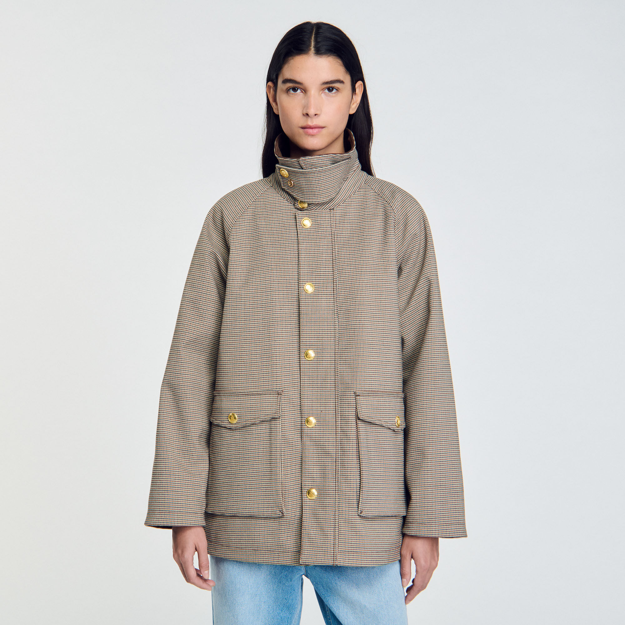 Check coat with velvet collar