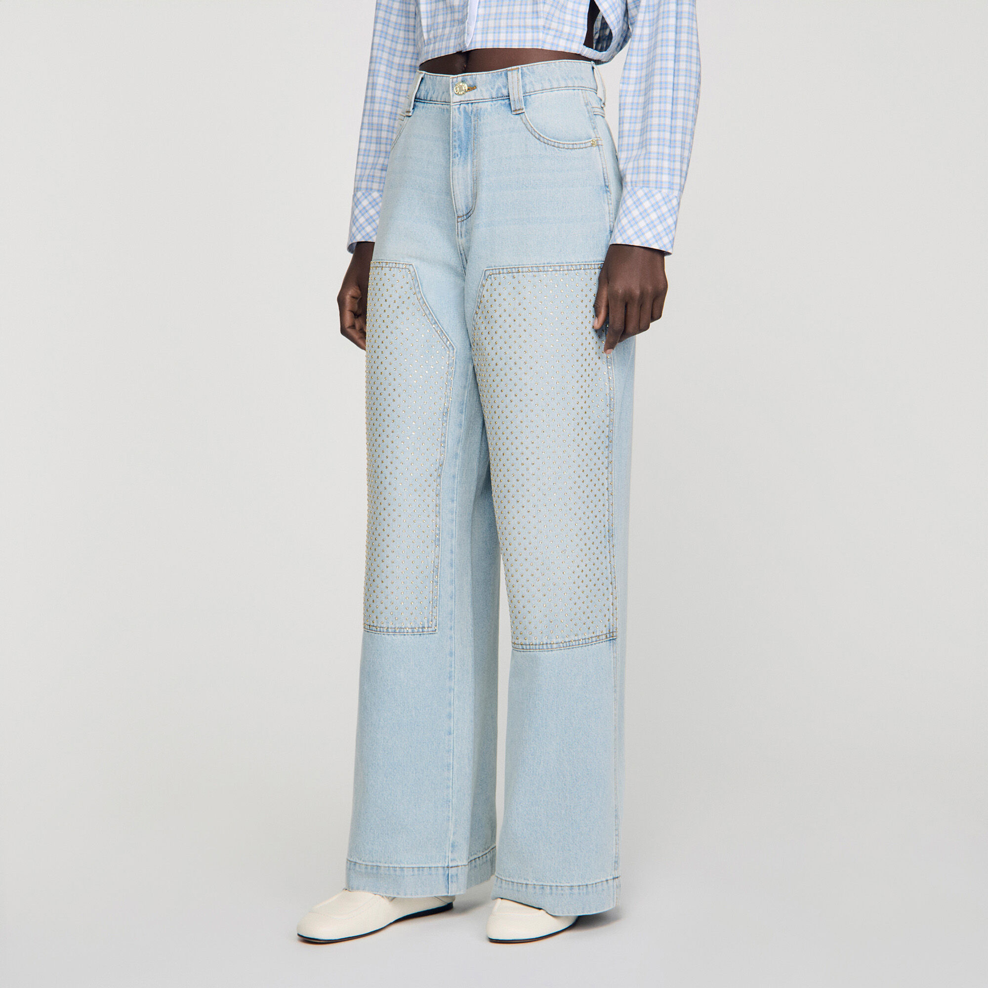 Faded straight crystal patch jeans