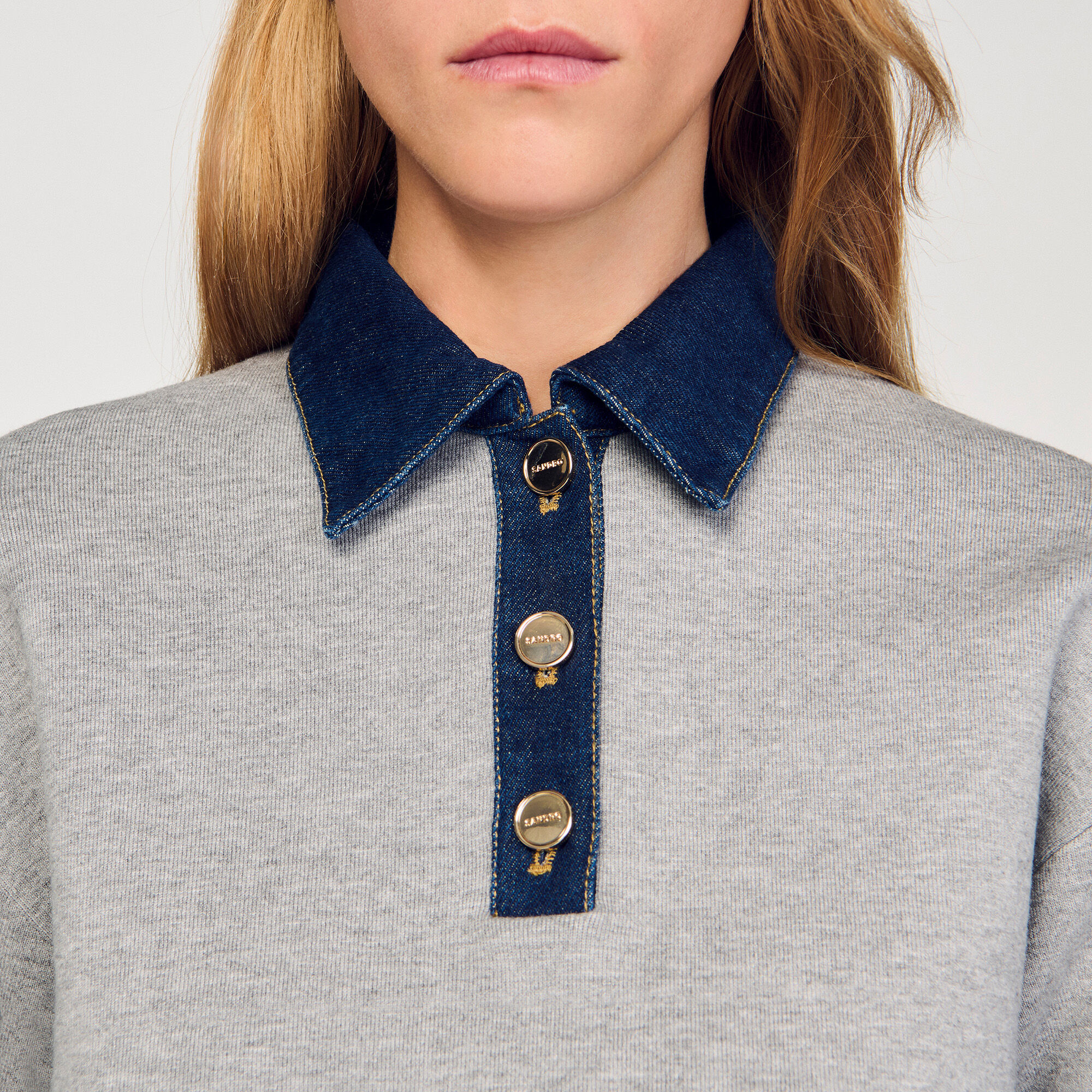 Jumper with denim collar black / gray For Women | Sandro Paris