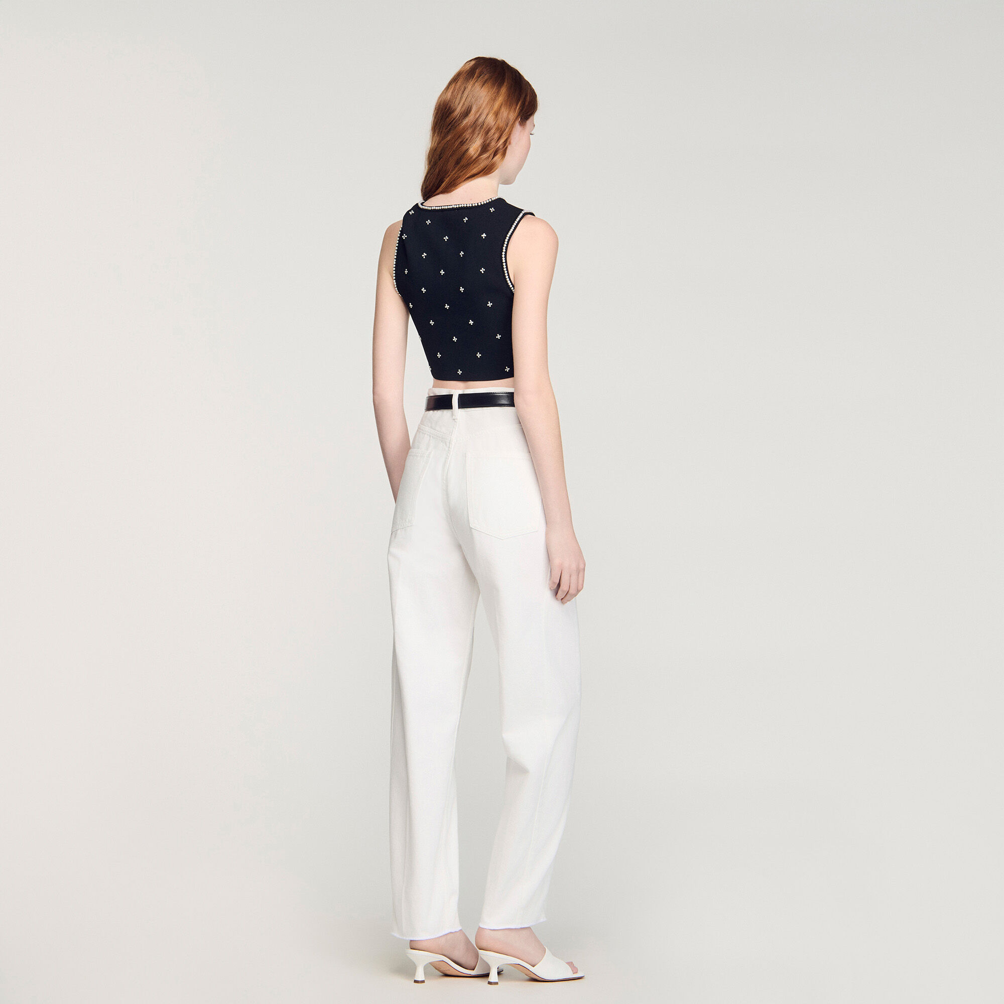 Jewelled embroidered knit crop top