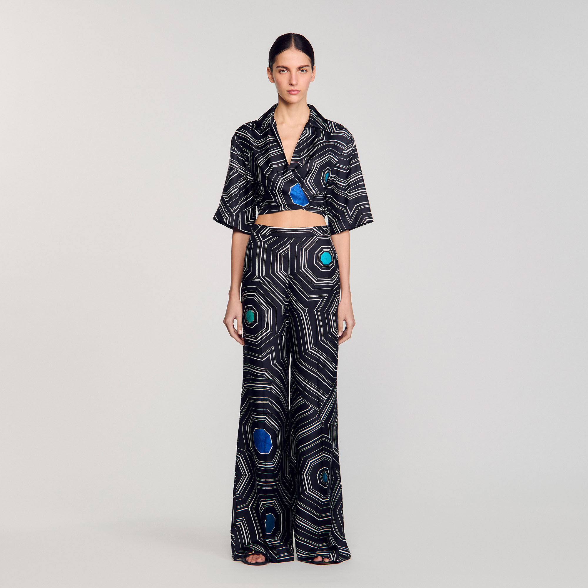 Spiral-print silk trousers