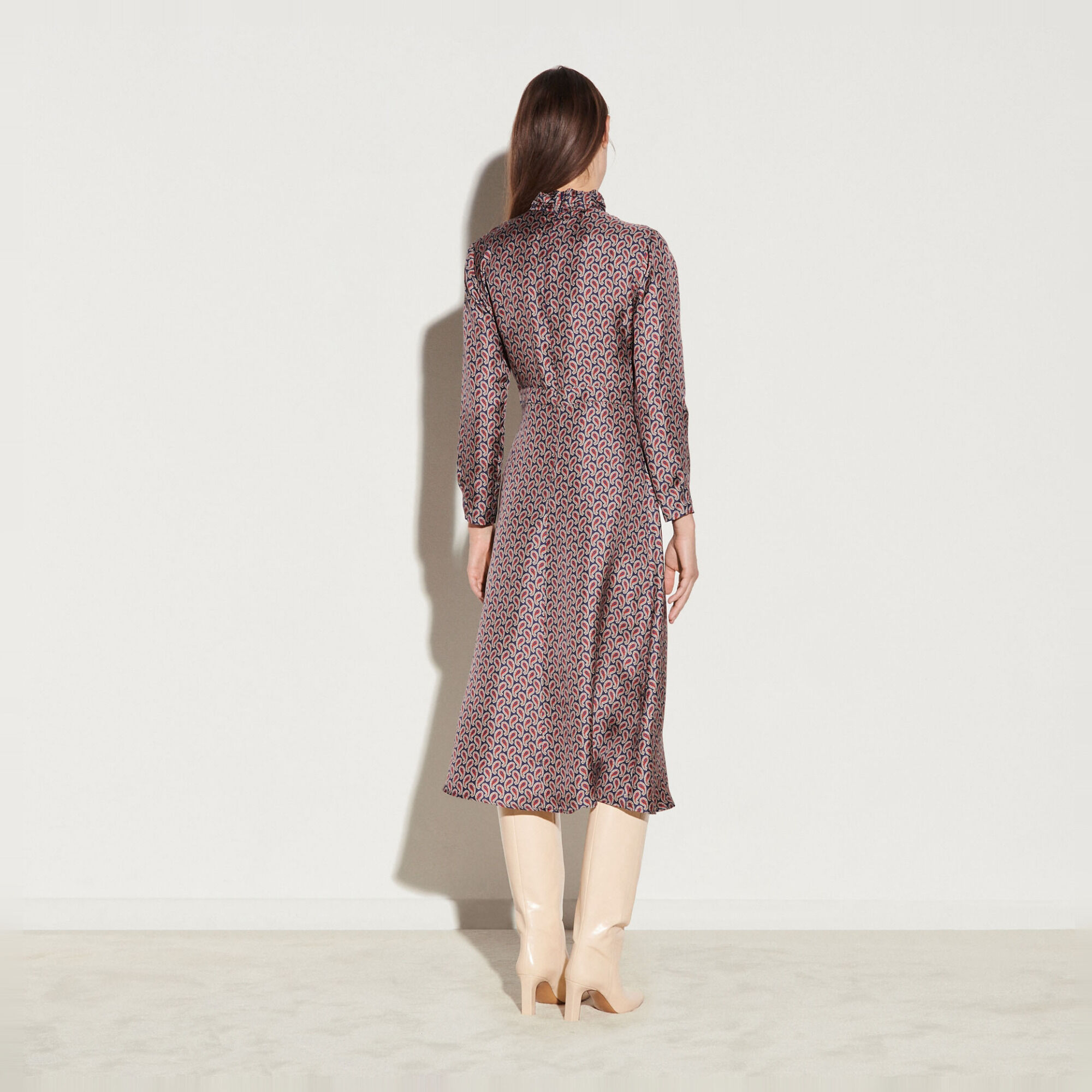 Long silk draped dress with print