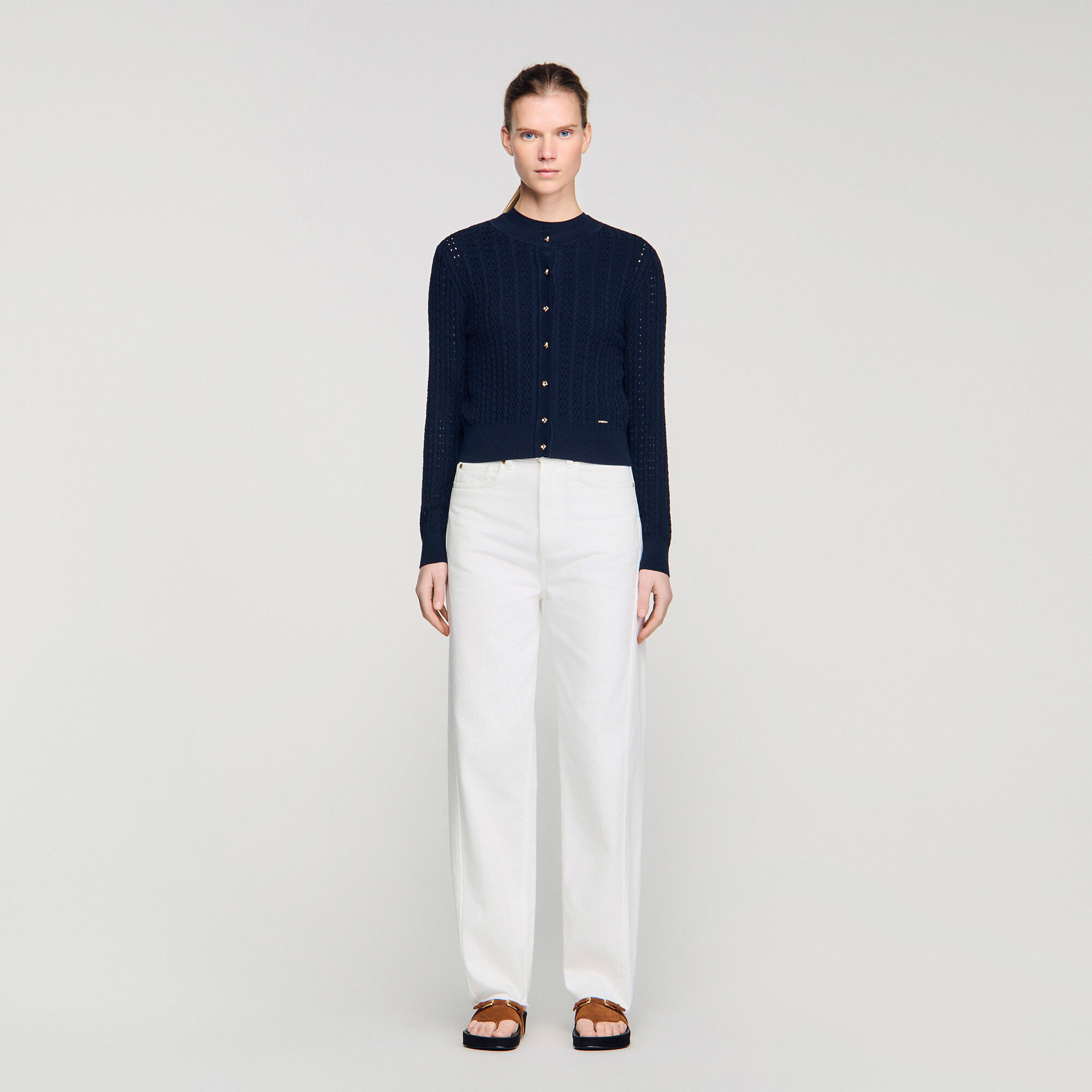 Cropped textured knit cardigan