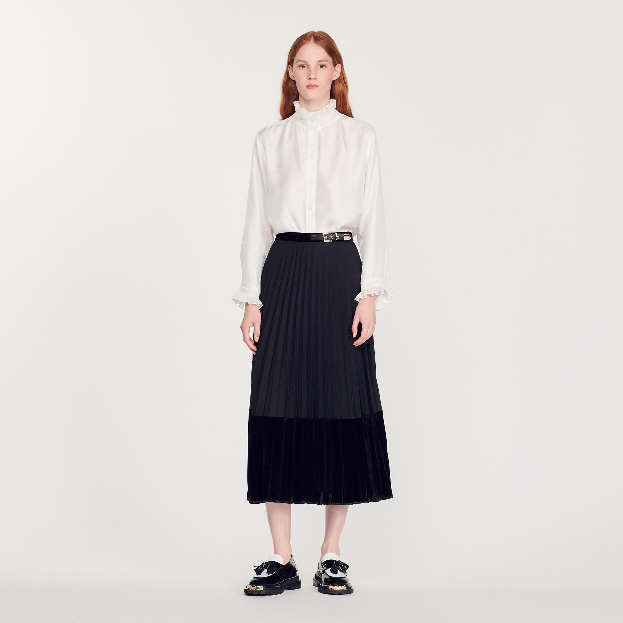 Long pleated wrapover skirt