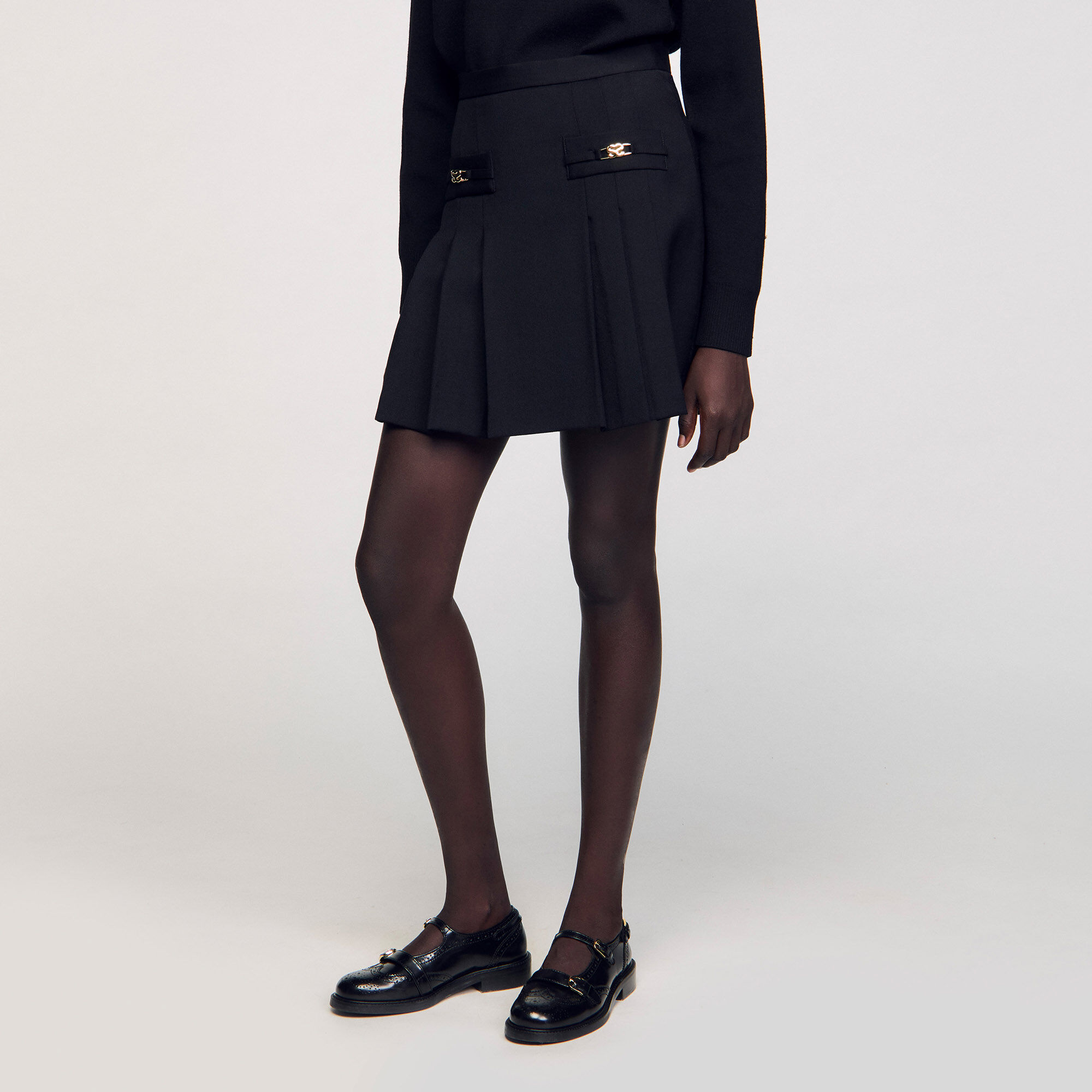 SANDRO Paris ショートプリーツスカート Short pleated skirt black / gray For Women | Sandro Paris