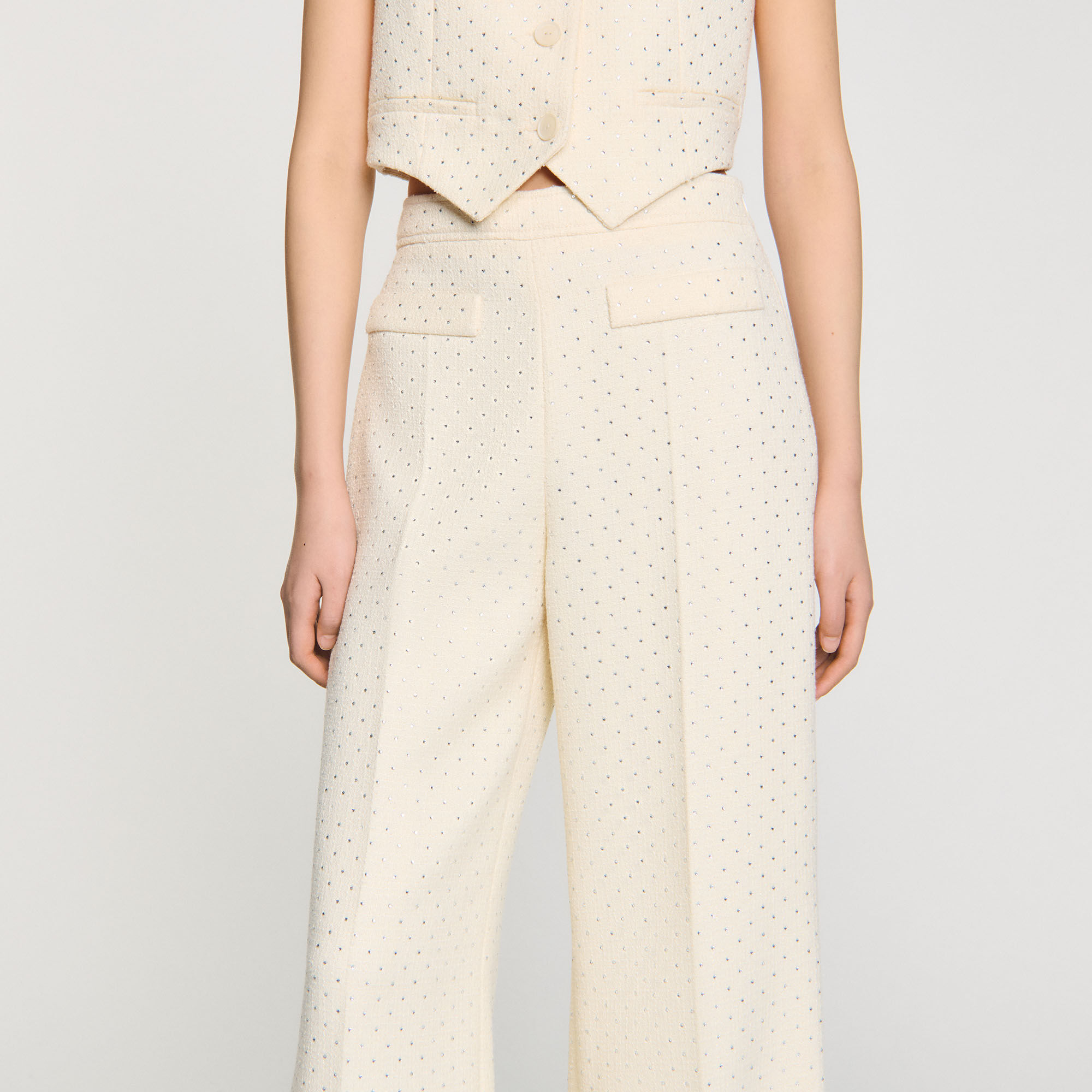 Tweed rhinestone-covered trousers white / beige For Women