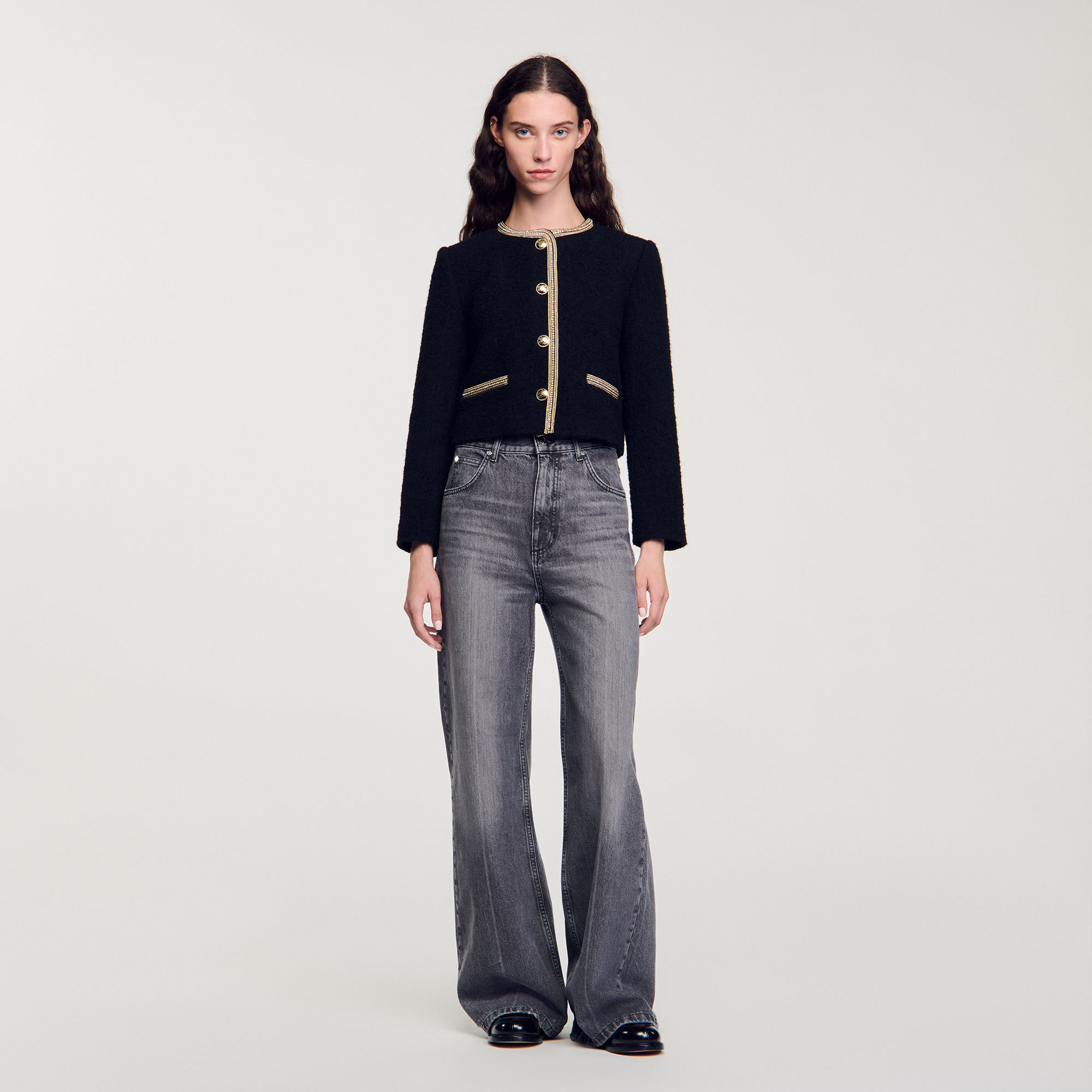 Cropped tweed jacket black / gray For Women | Sandro Paris