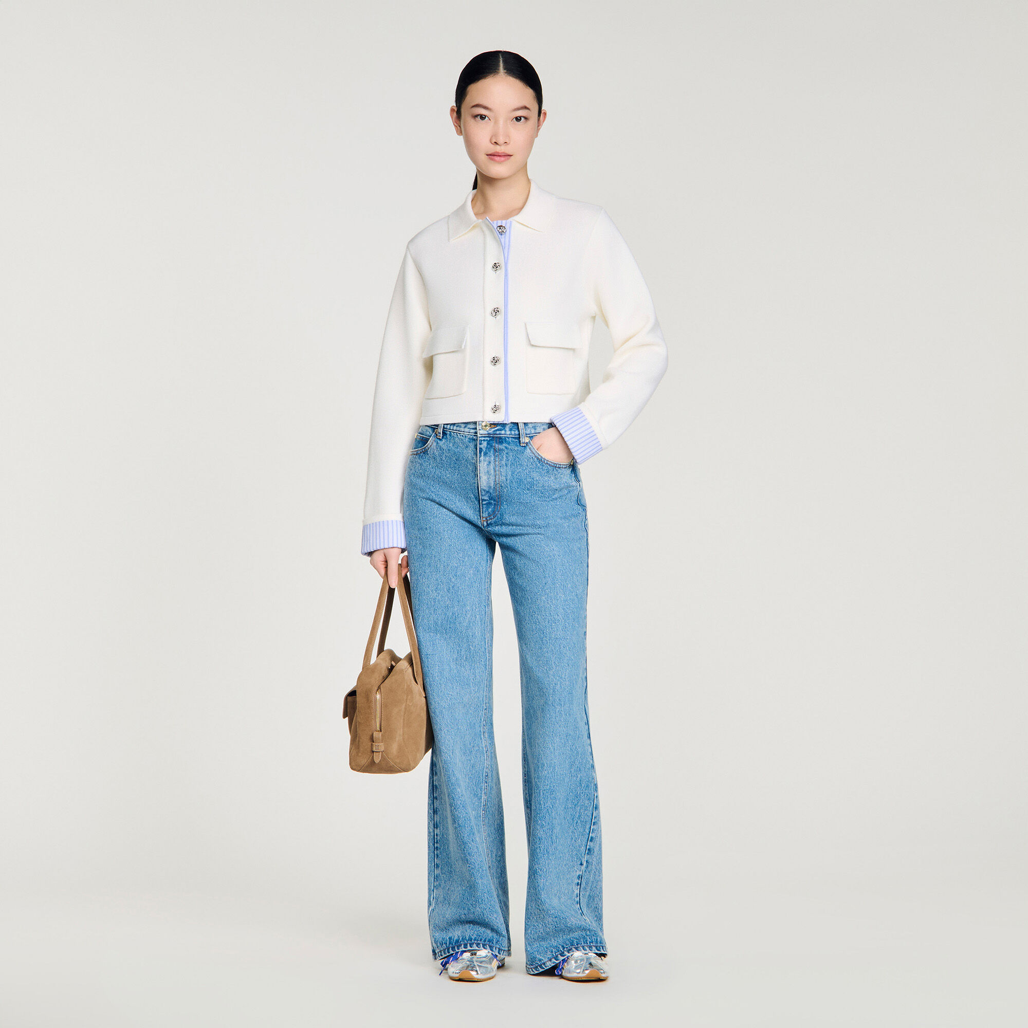 Polo cardigan with poplin details