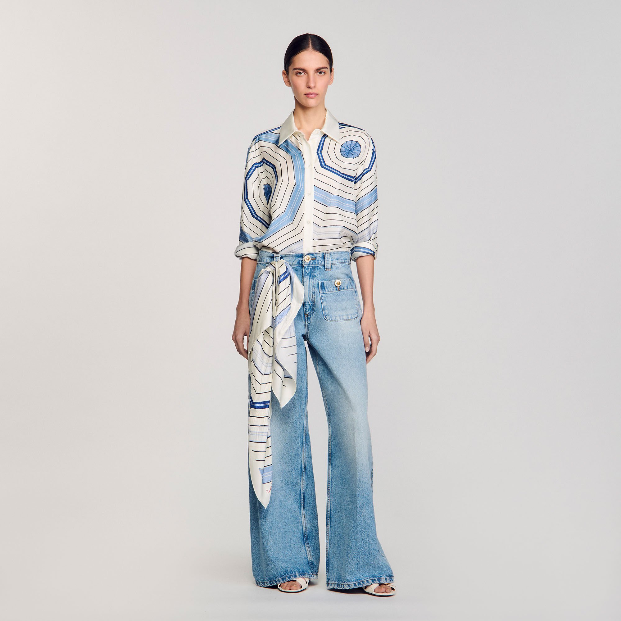 【海外限定】SandroTシャツ☆Spiral-Print Side-Tie Cotton T-Sh Spiral-motif shirt blue For Women | Sandro Paris