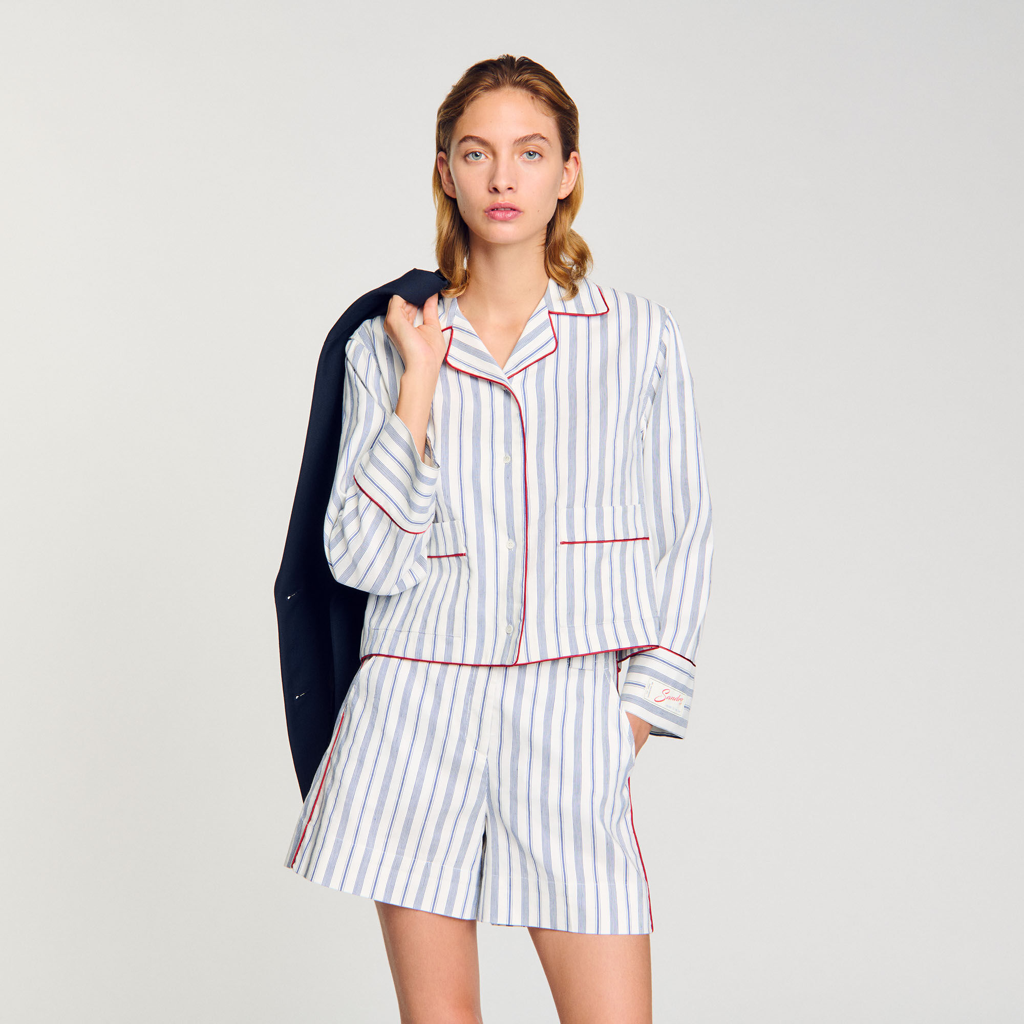 【新品未使用】Saint-Louis Striped Top Striped rhinestone shirt white / beige For Women | Sandro Paris