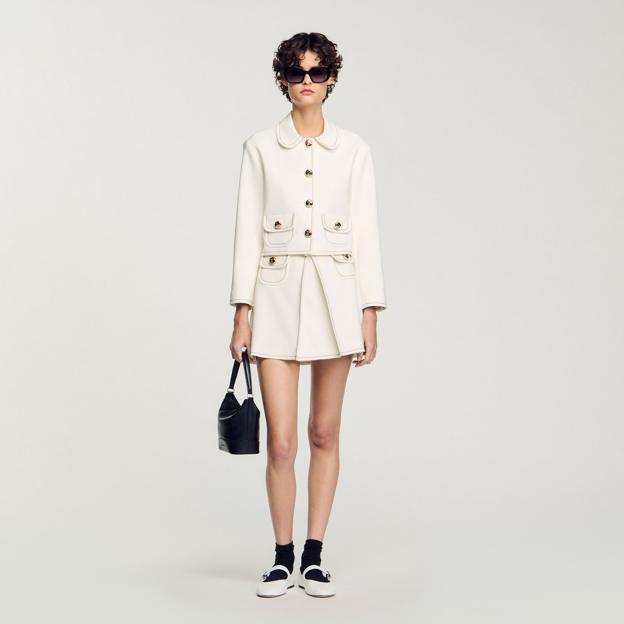 Short box-pleated skirt white / beige For Women | Sandro Paris