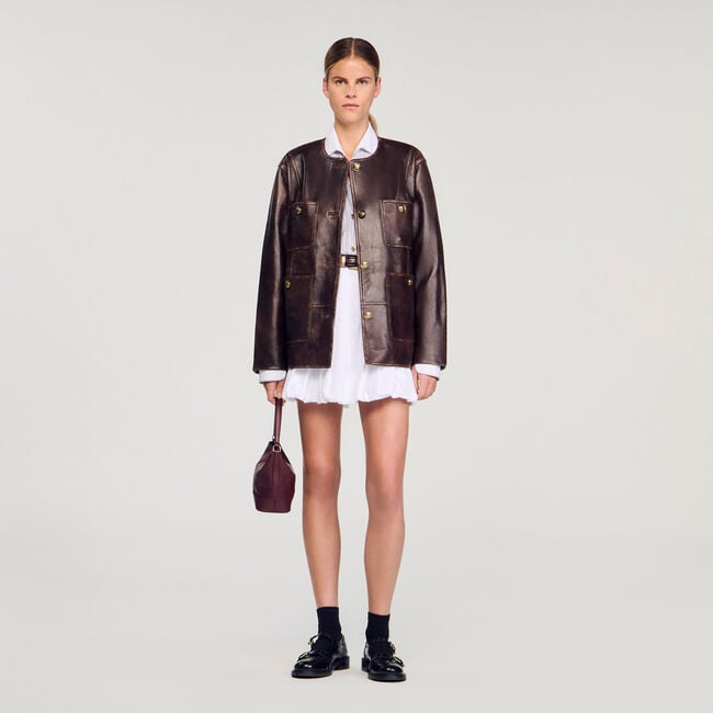 Long distressed leather jacket