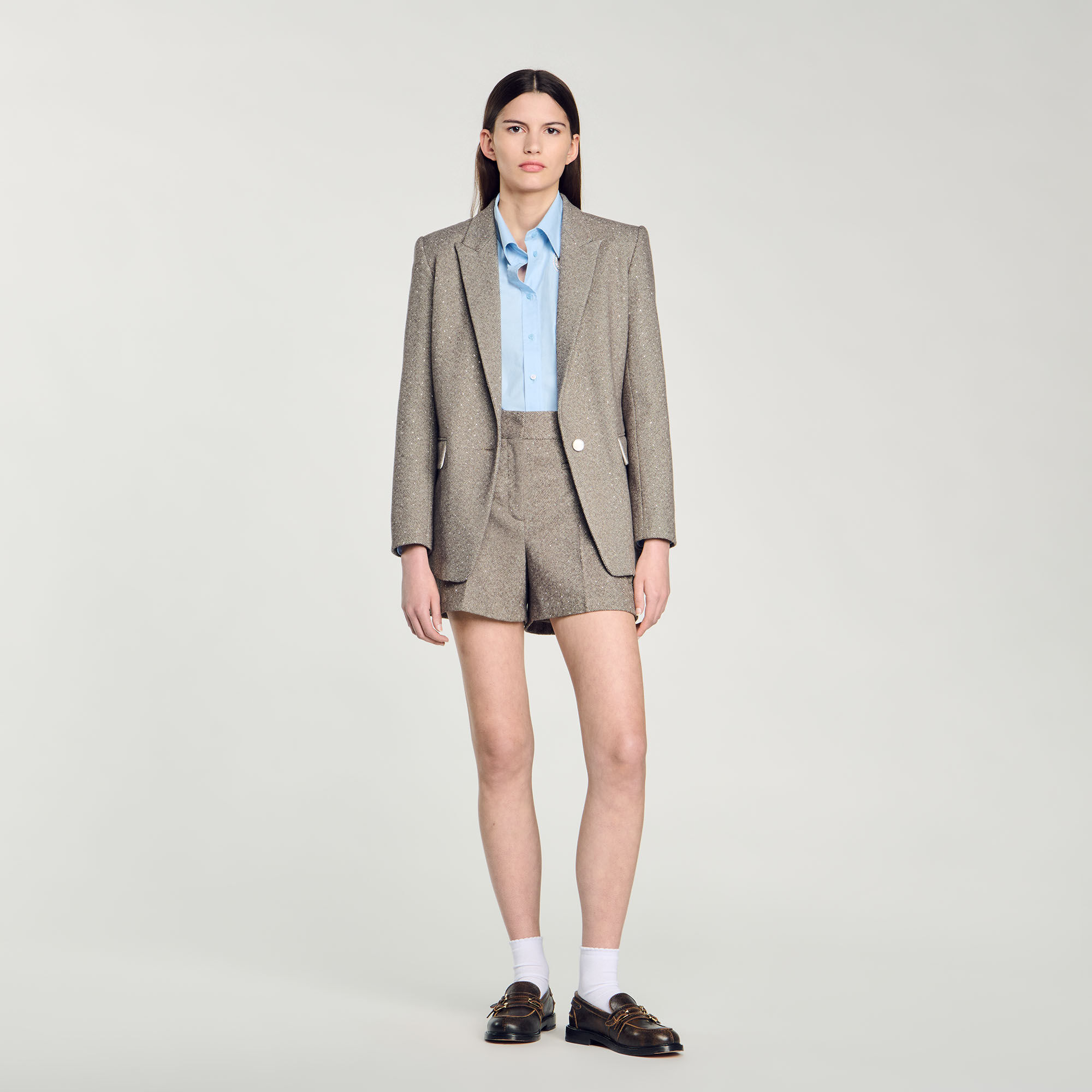 極美品 SANDRO サンドロ ハイウエスト ハーフパンツ ベージュ 36 Herringbone shorts with rhinestones white / beige For Women