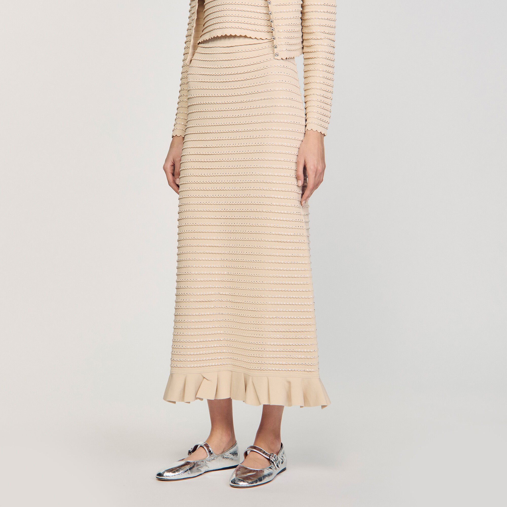【海外限定】Sandroスカート☆Rhinestone-Embellished Pleated W Rhinestone knit maxi skirt white / beige For Women | Sandro