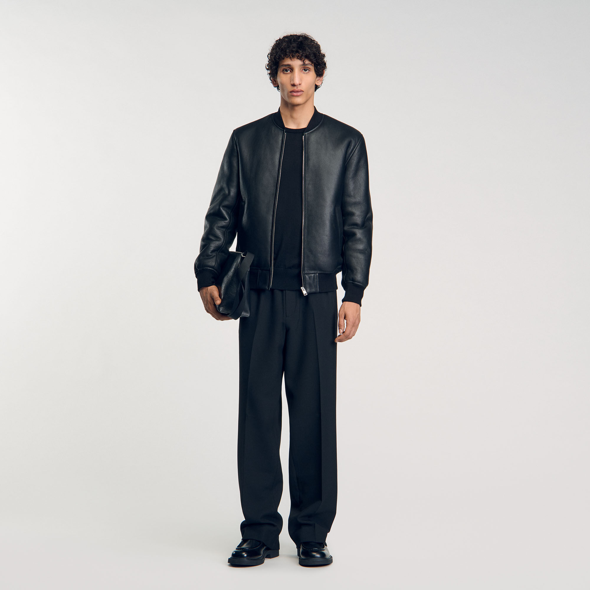 Shearling bomber jacket black gray for Men Sandro Paris