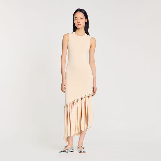 Fringed and beaded knit midi dress