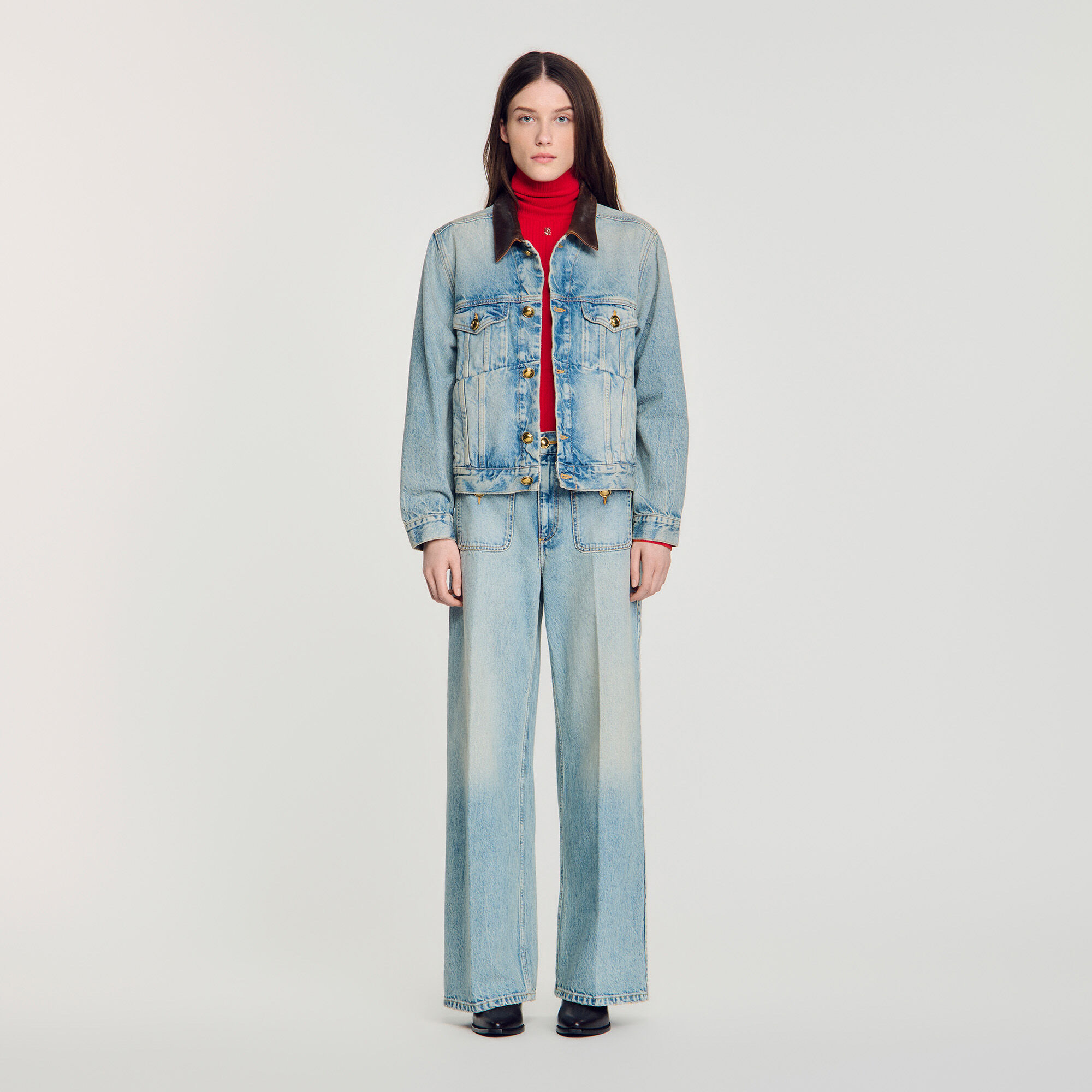 Denim jacket with leather collar