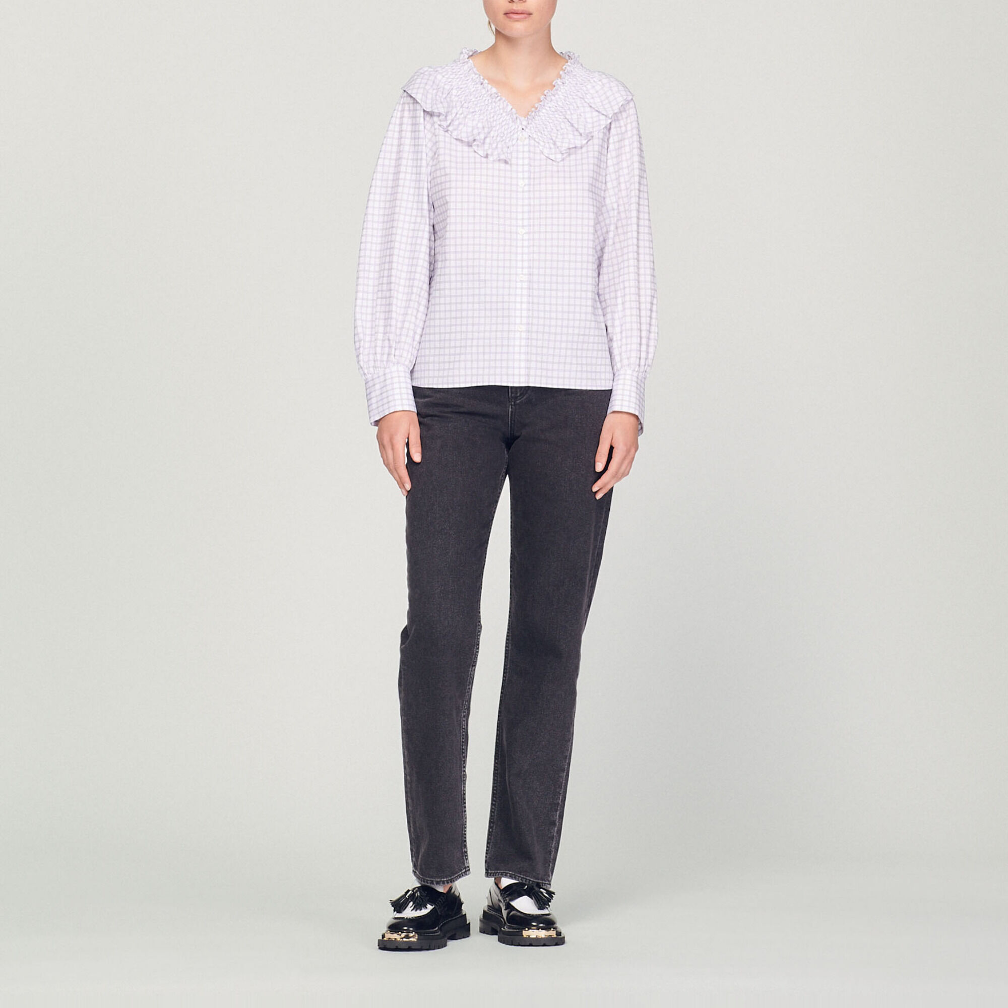 Checked shirt with ruffled collar