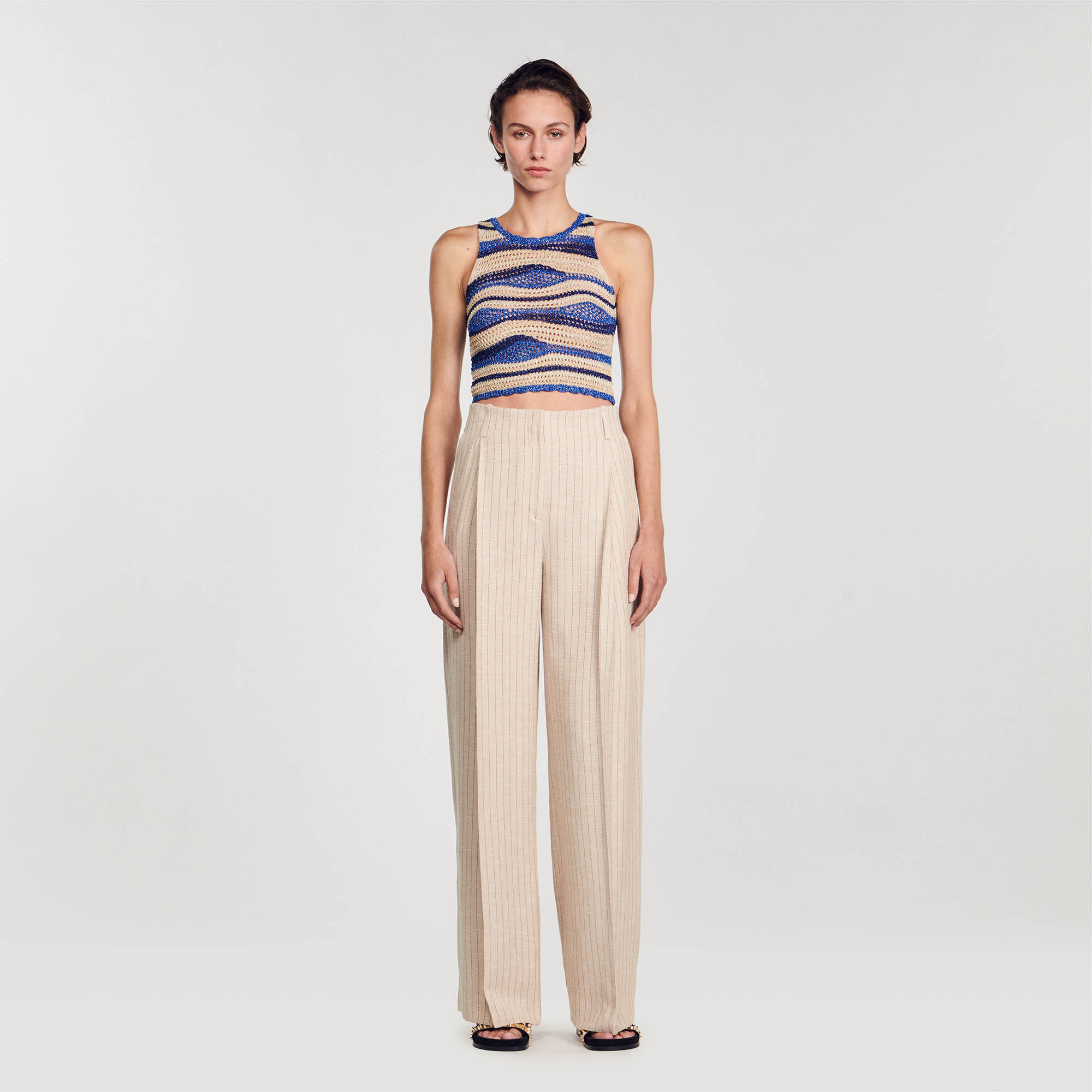 Wide leg striped floaty trousers white beige For Women Sandro Paris