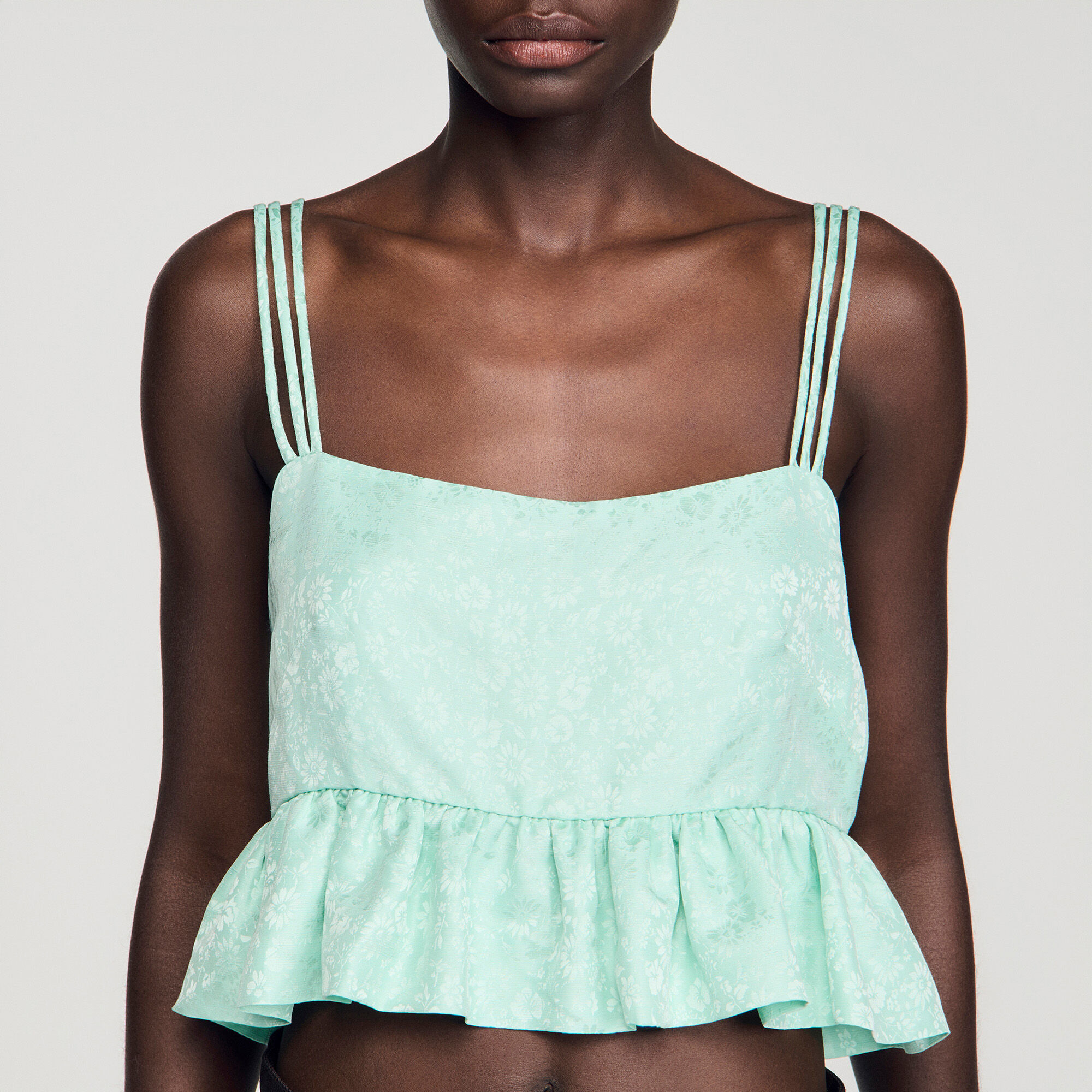 Floral jacquard ruffle crop top
