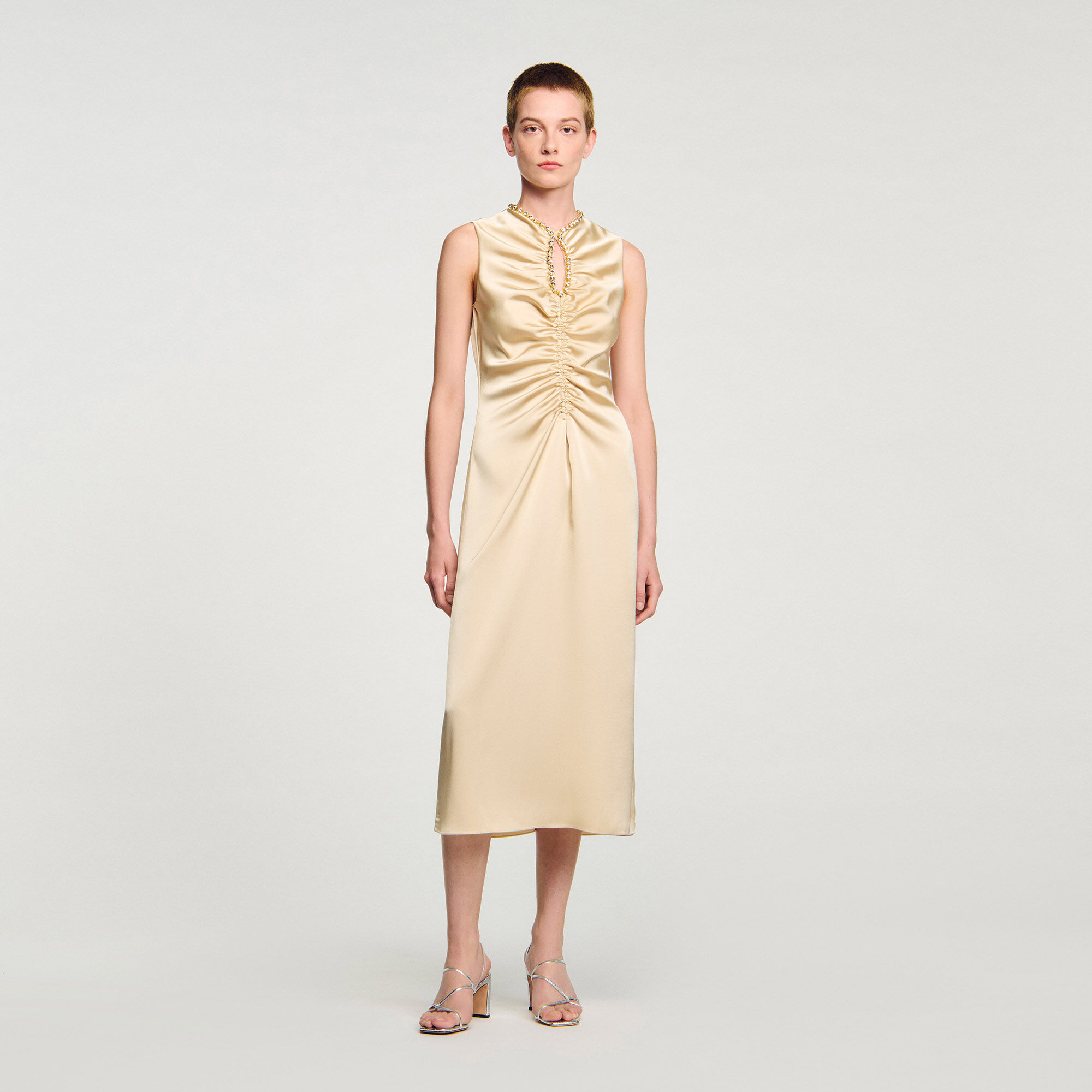 Rhinestone midi dress white beige For Women Sandro Paris