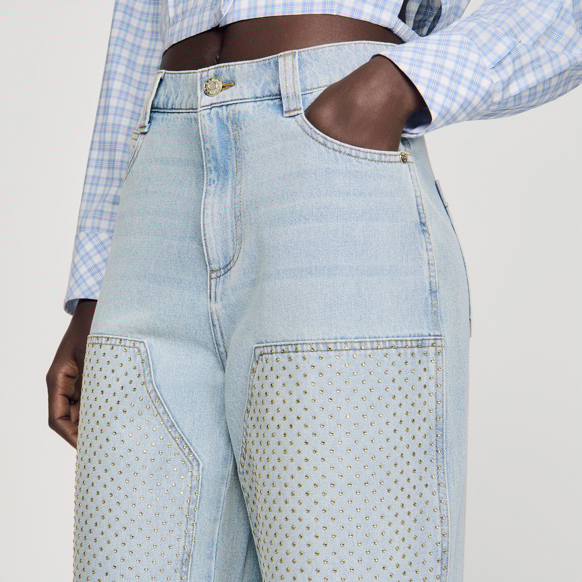 Faded straight crystal patch jeans