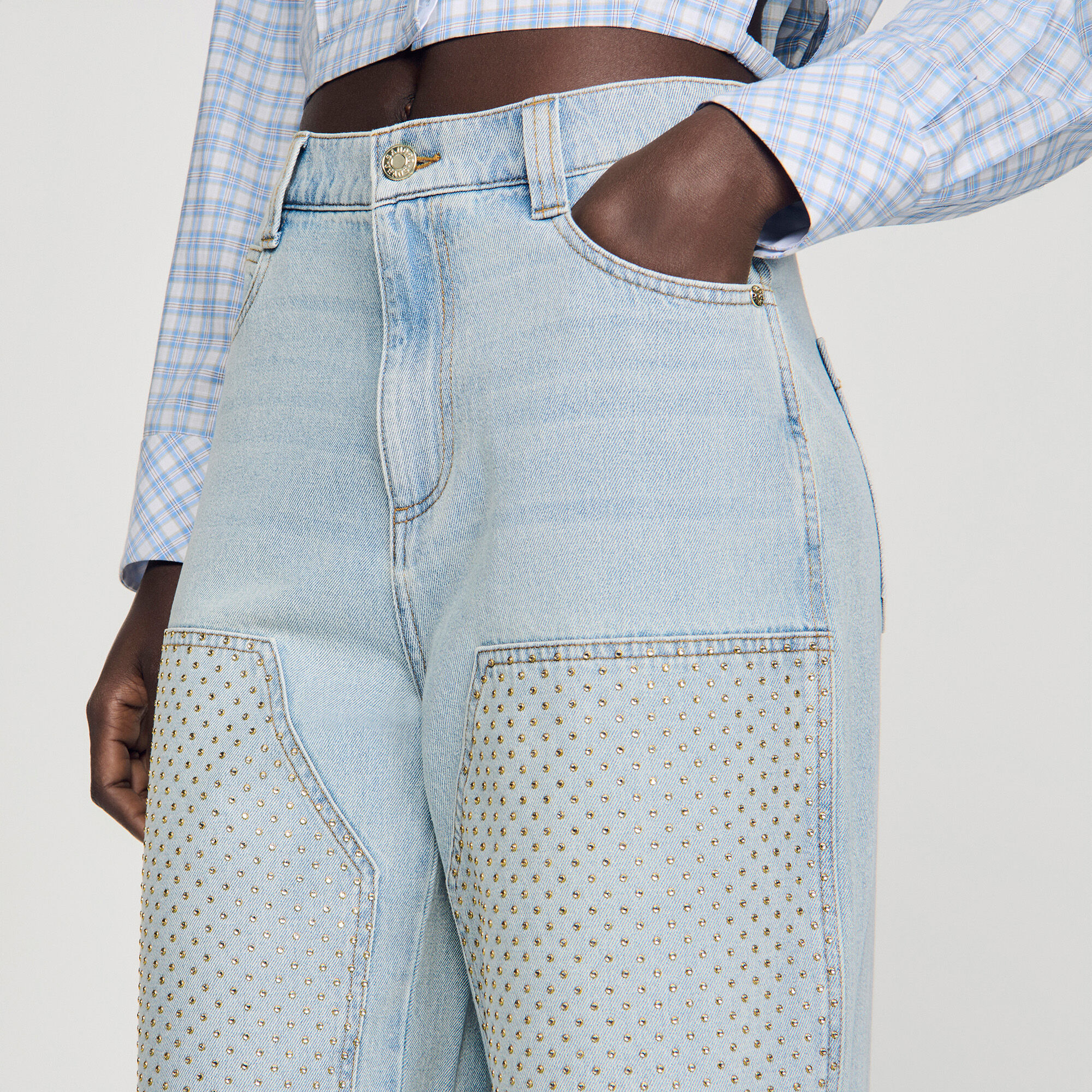 Faded straight crystal patch jeans