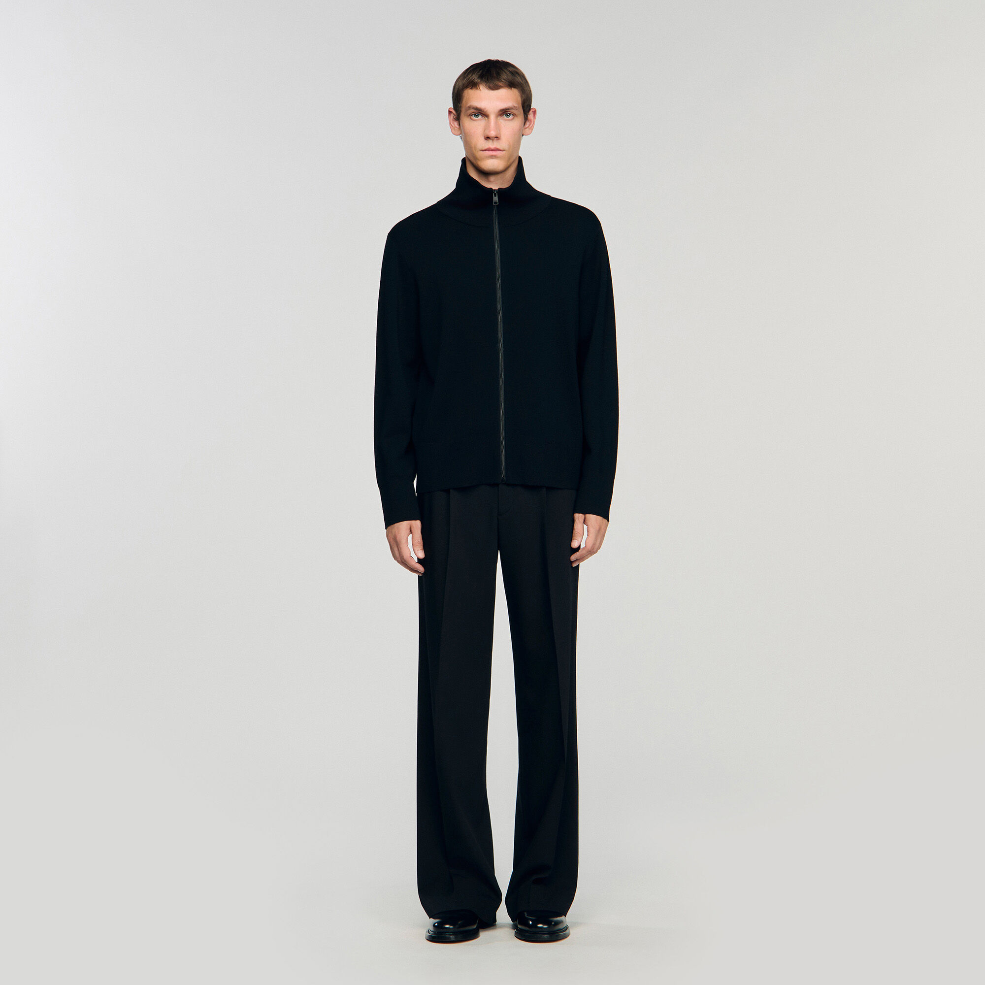 Zip-up wool cardigan black / gray for Men | Sandro Paris