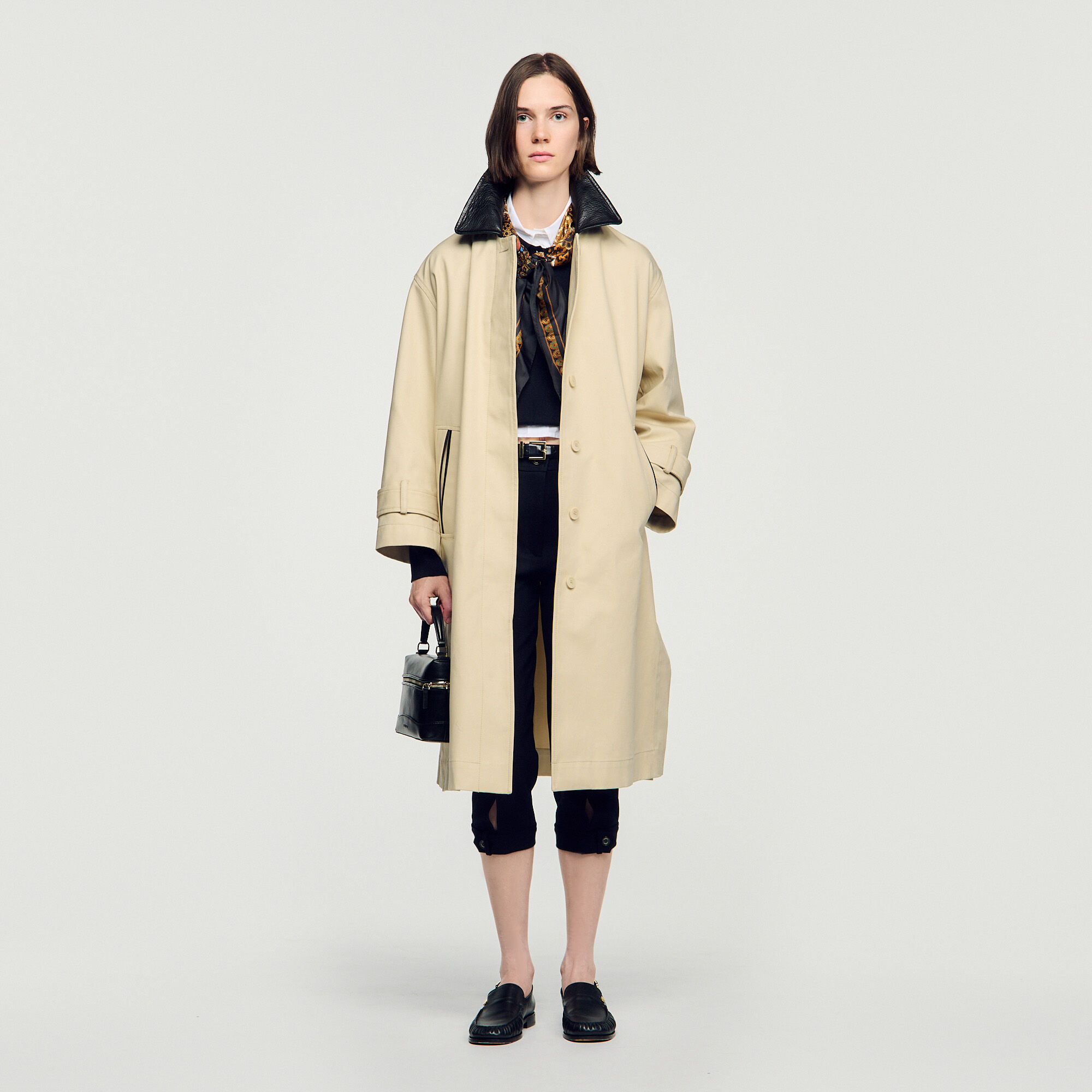 Long coat with leather collar - Women | Sandro