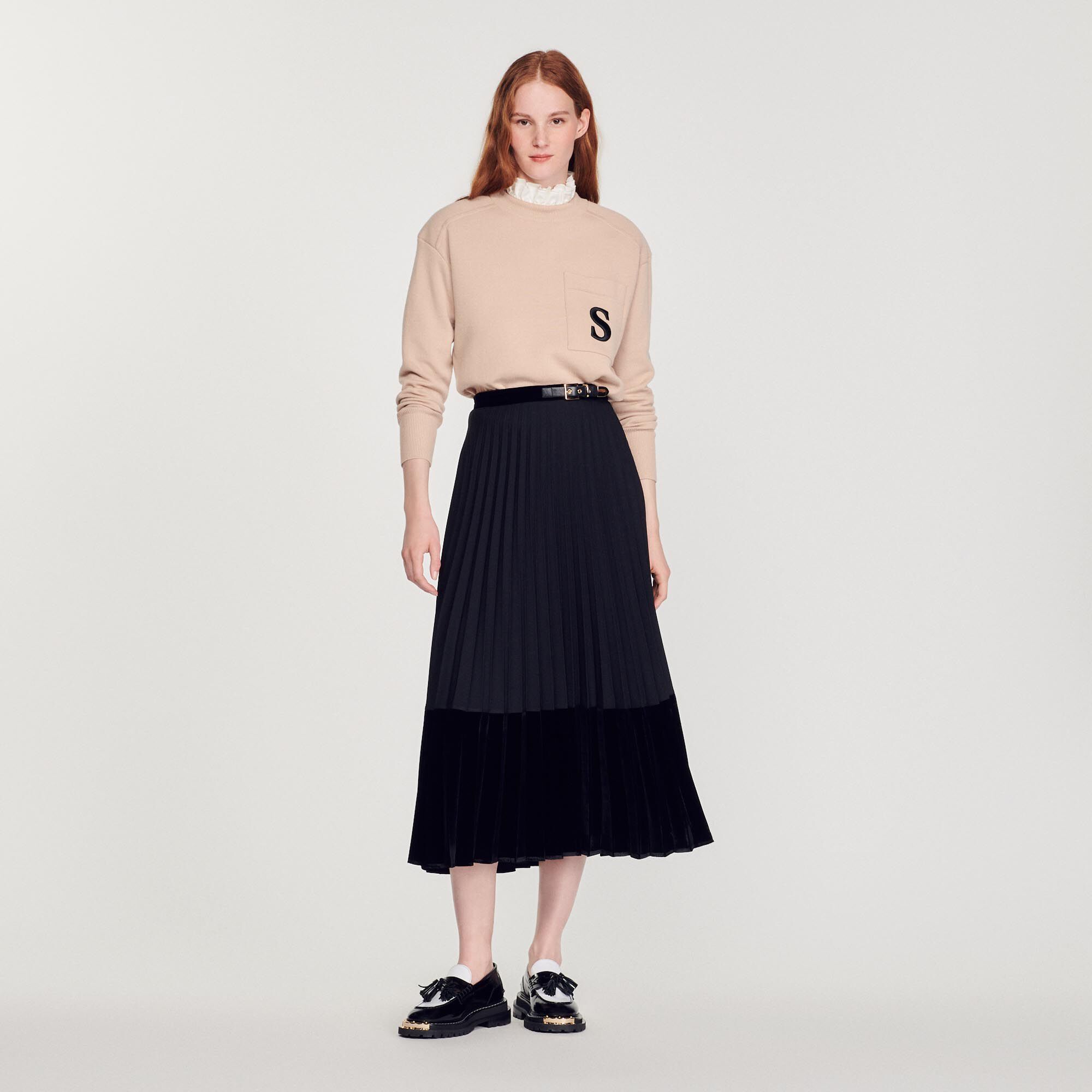 Long pleated wrapover skirt