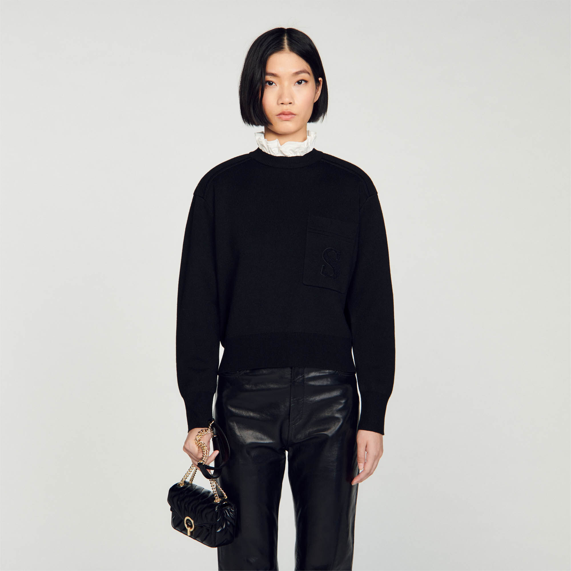 Knitted jumper with high neck Black / Gray | Sandro Paris
