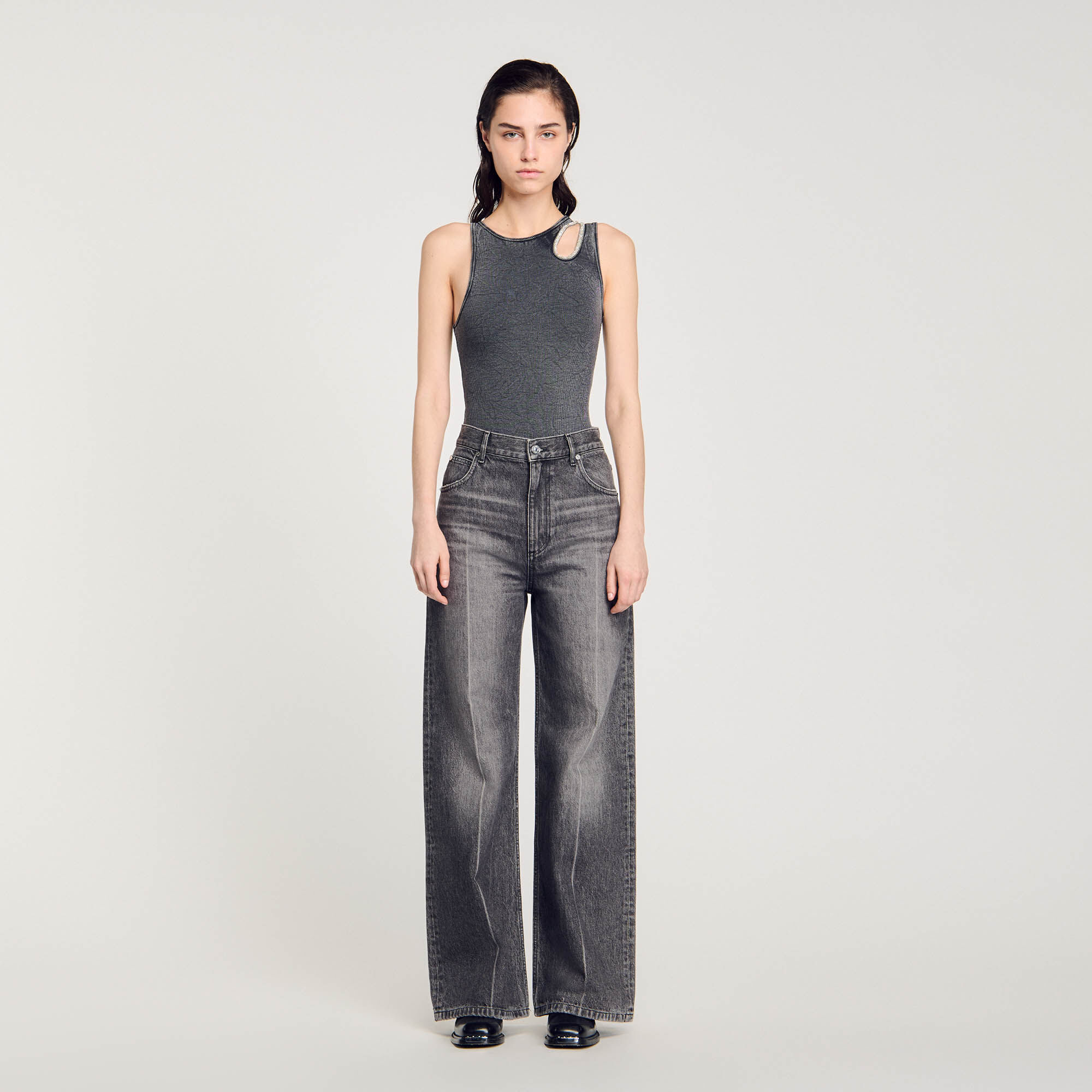 Rhinestone one shoulder bodysuit black gray For Women Sandro Paris