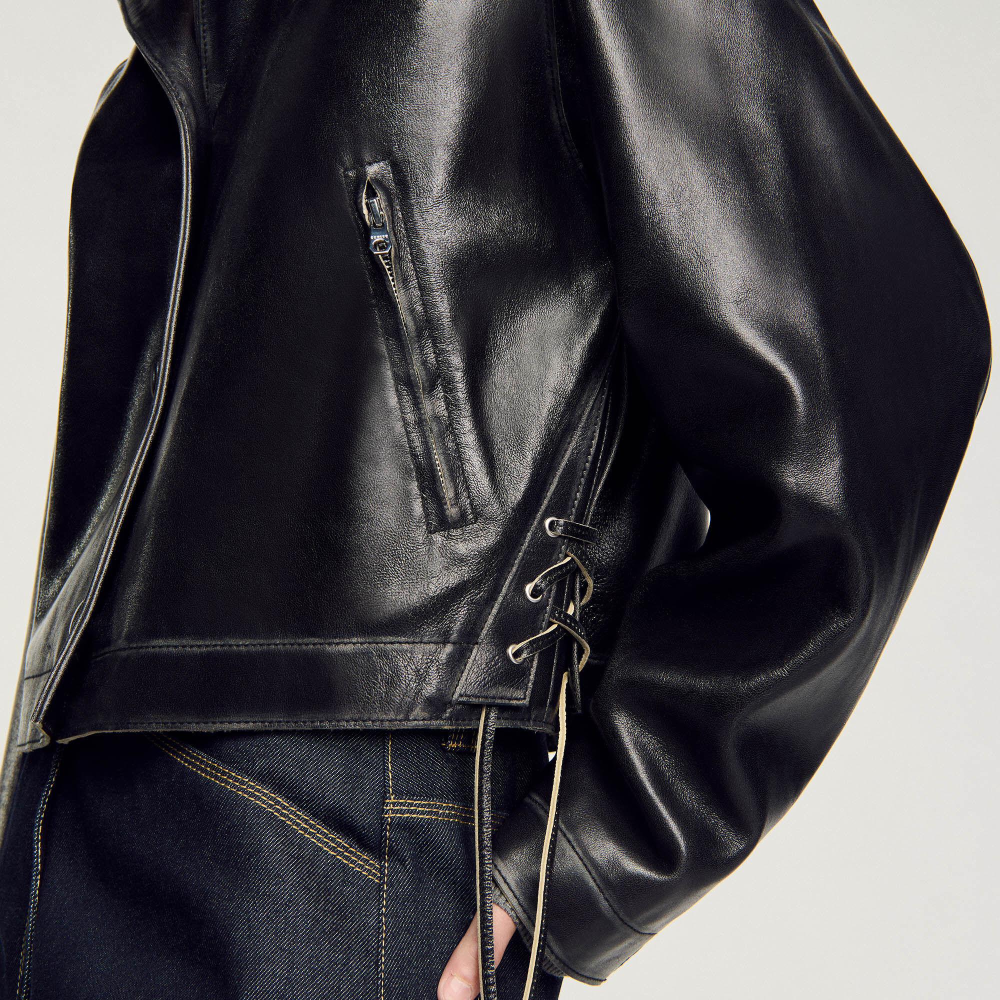 Distressed leather jacket black / gray For Women | Sandro Paris