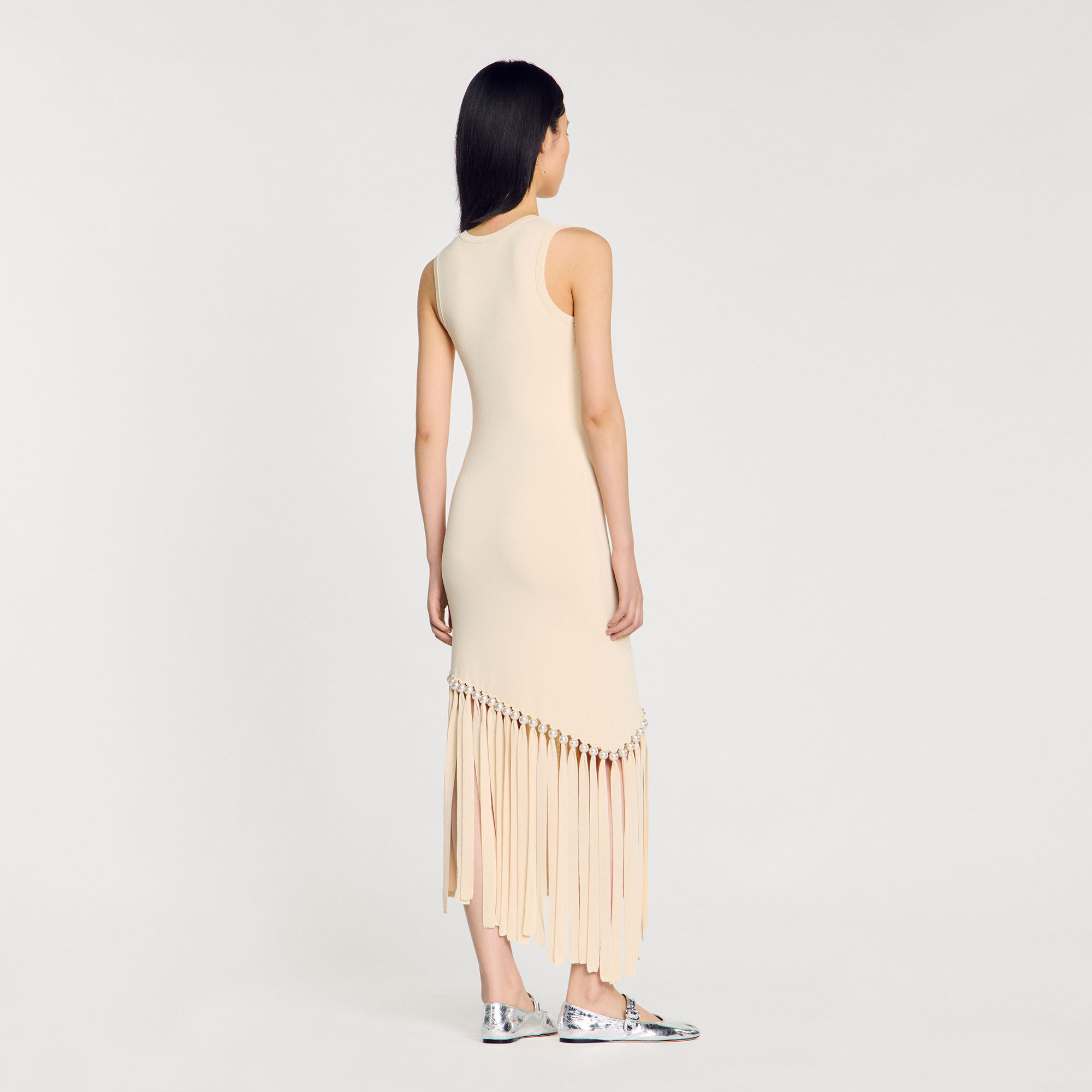 Fringed and beaded knit midi dress