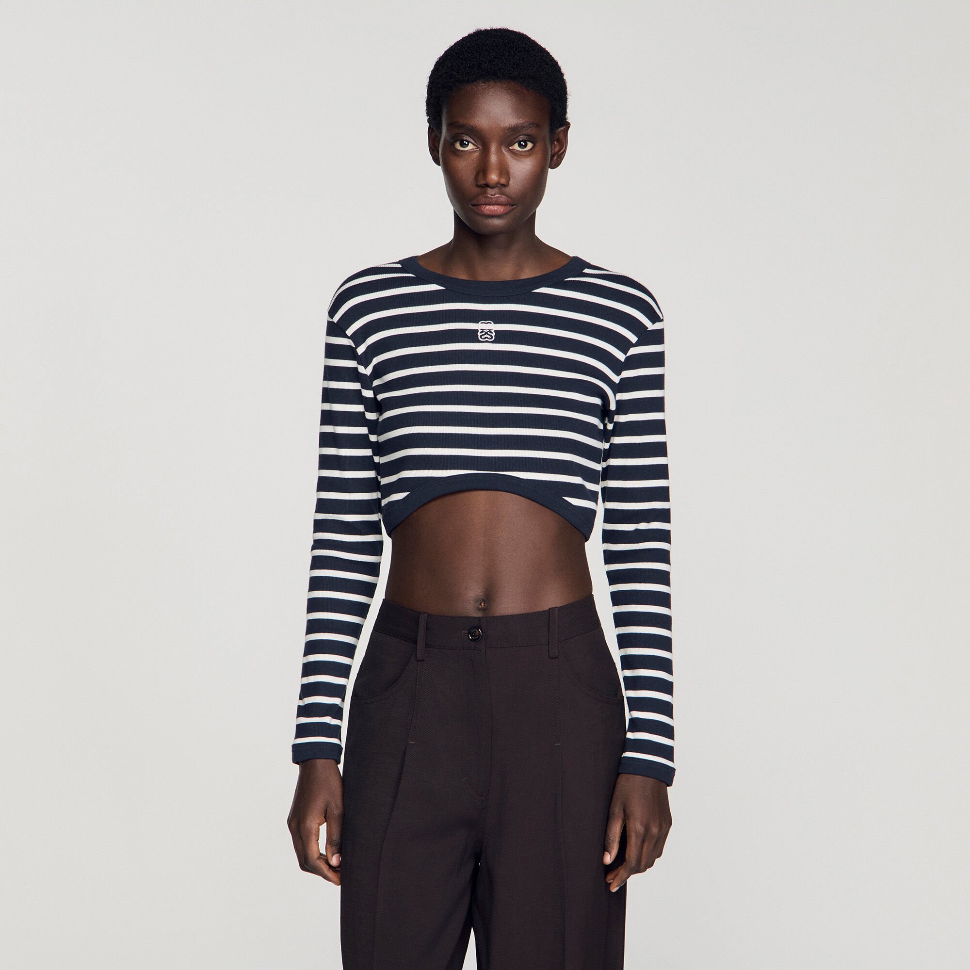 Cropped striped cotton T-shirt