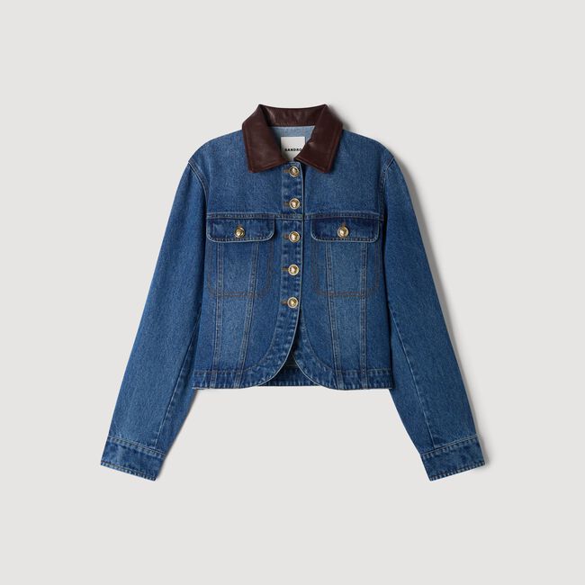 Denim jacket with leather collar