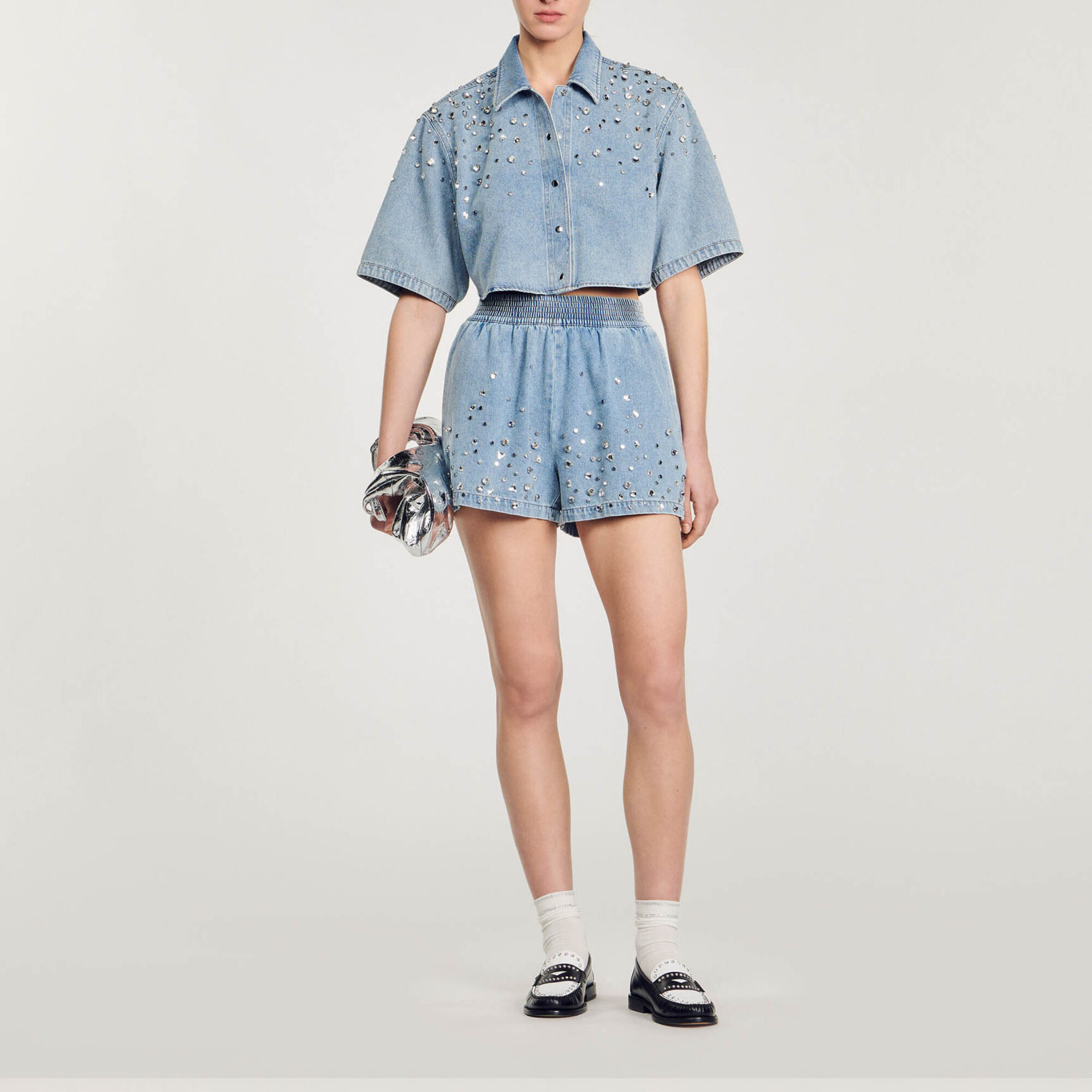 Denim shorts with store wide leg opening