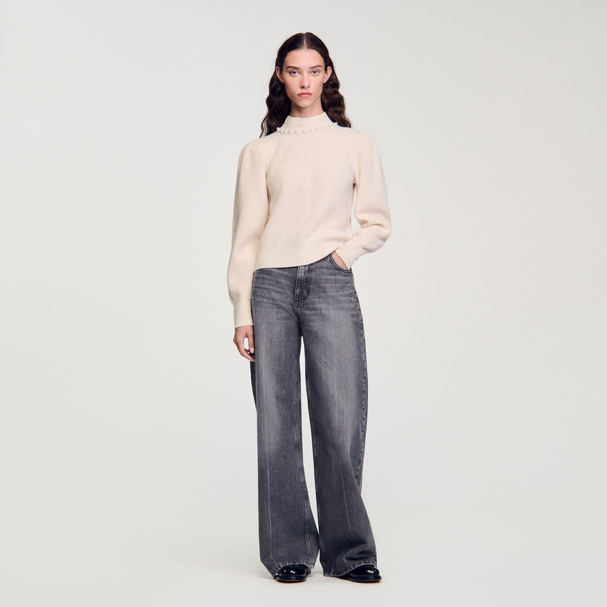 Ribbed wool and cashmere jumper white beige For Women Sandro Paris
