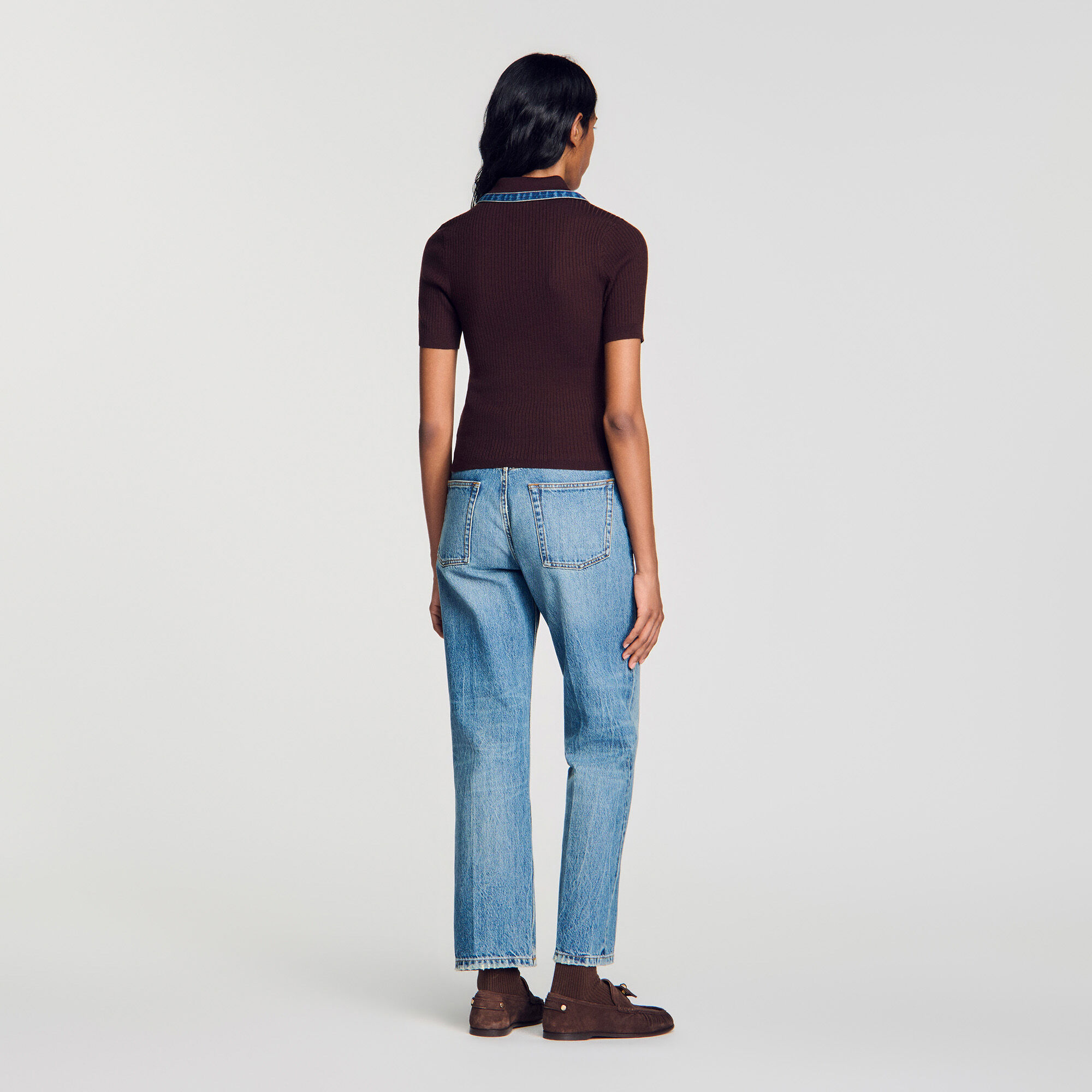 Knit polo jumper with denim collar
