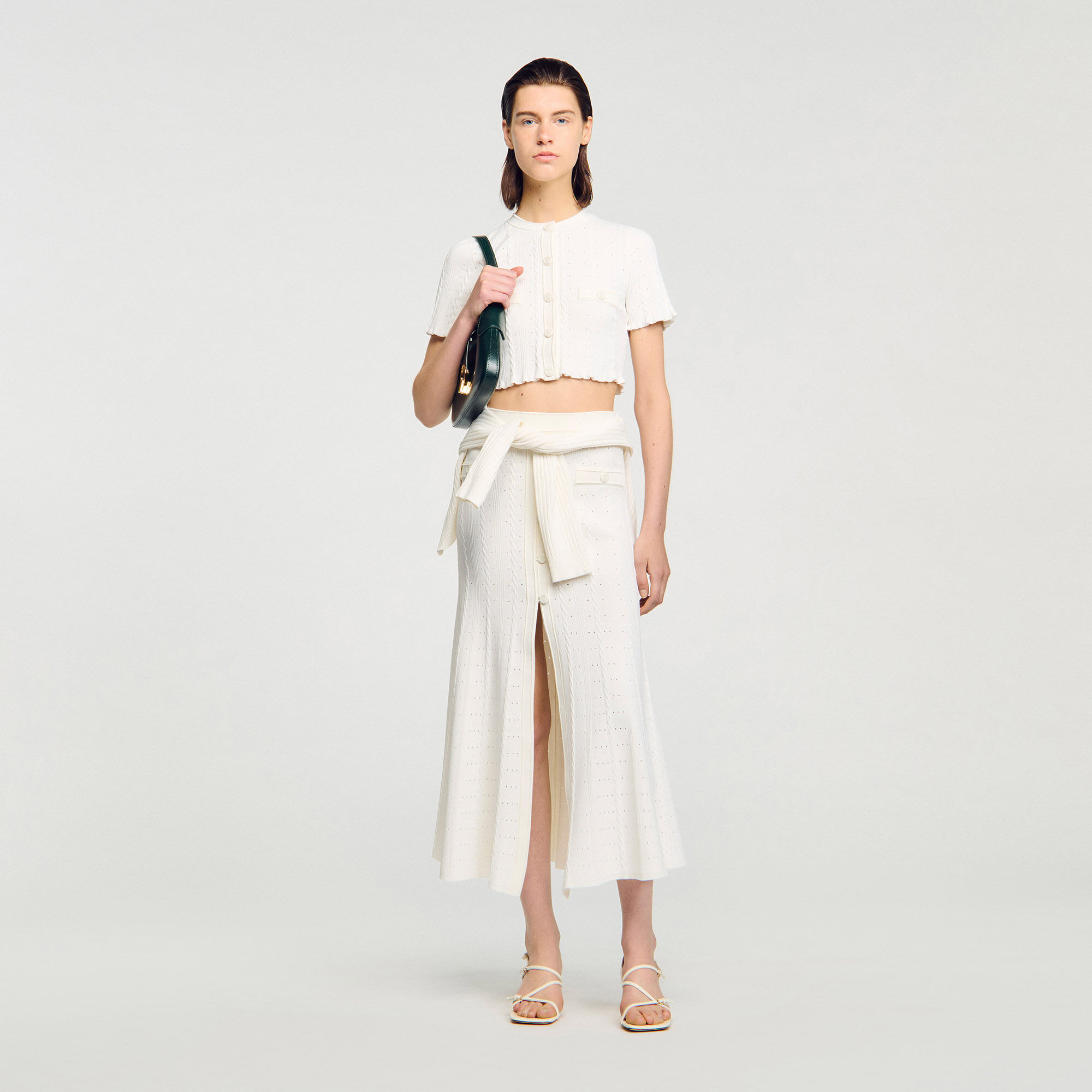 Cropped pointelle knit cardigan