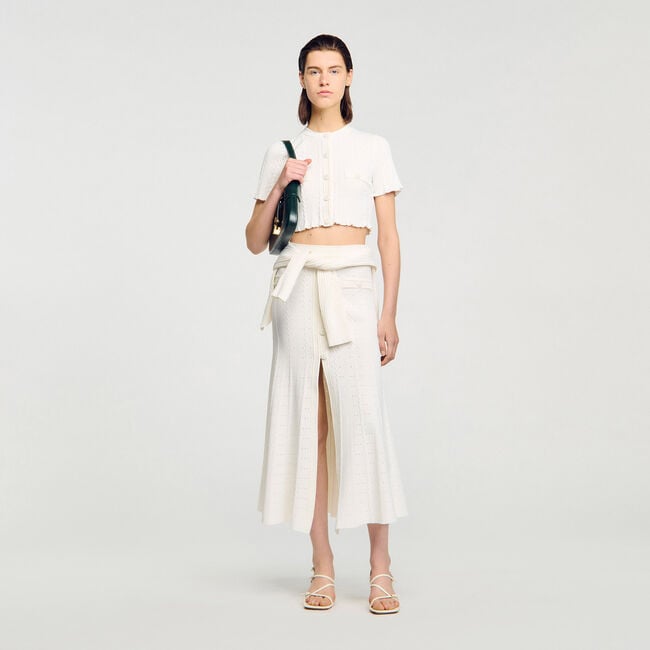 Cropped pointelle knit cardigan