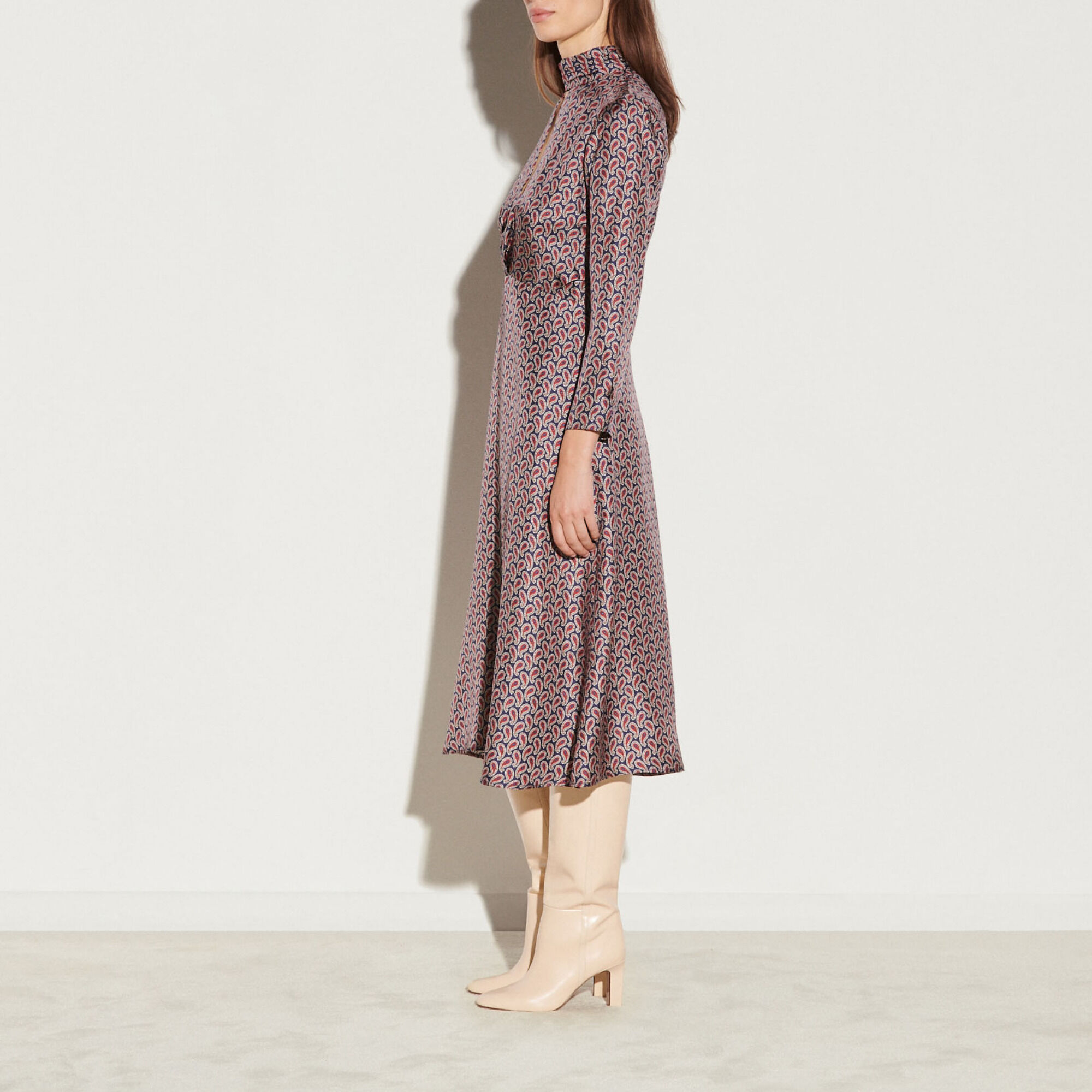 Long silk draped dress with print