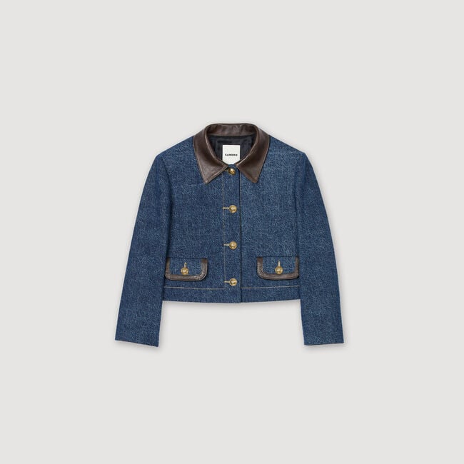 Denim jacket with leather collar