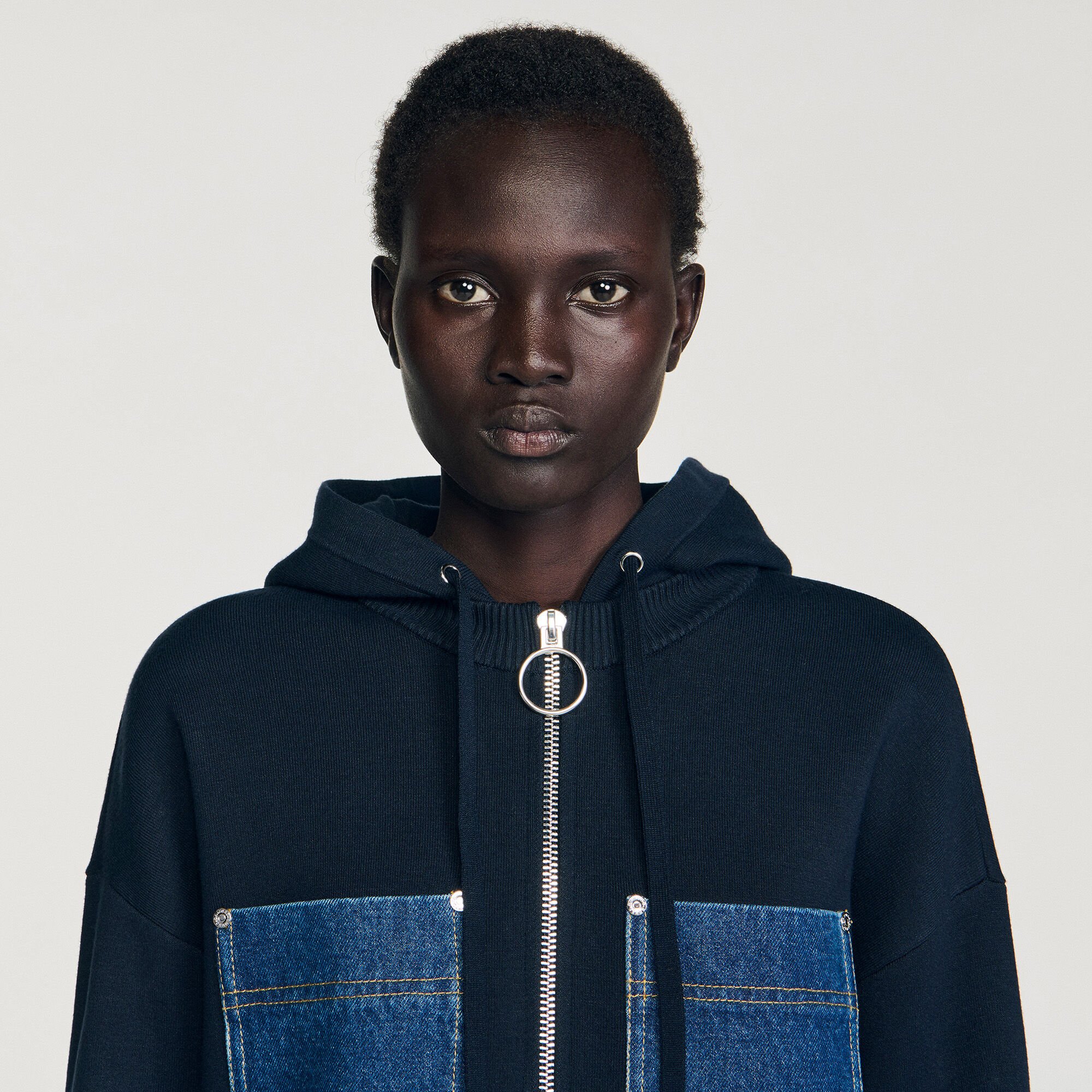 Knit and denim sweatshirt