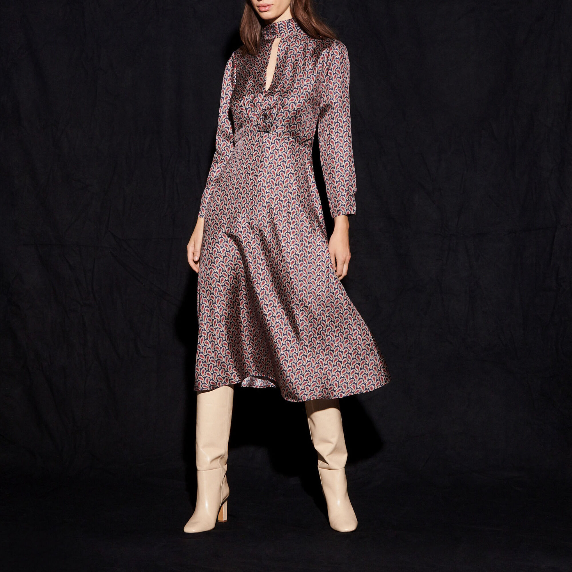Long silk draped dress with print