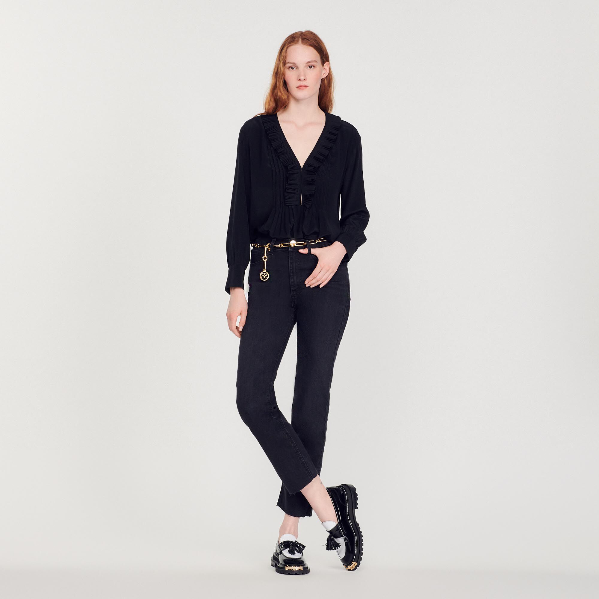 Silk top with pleat edged neckline