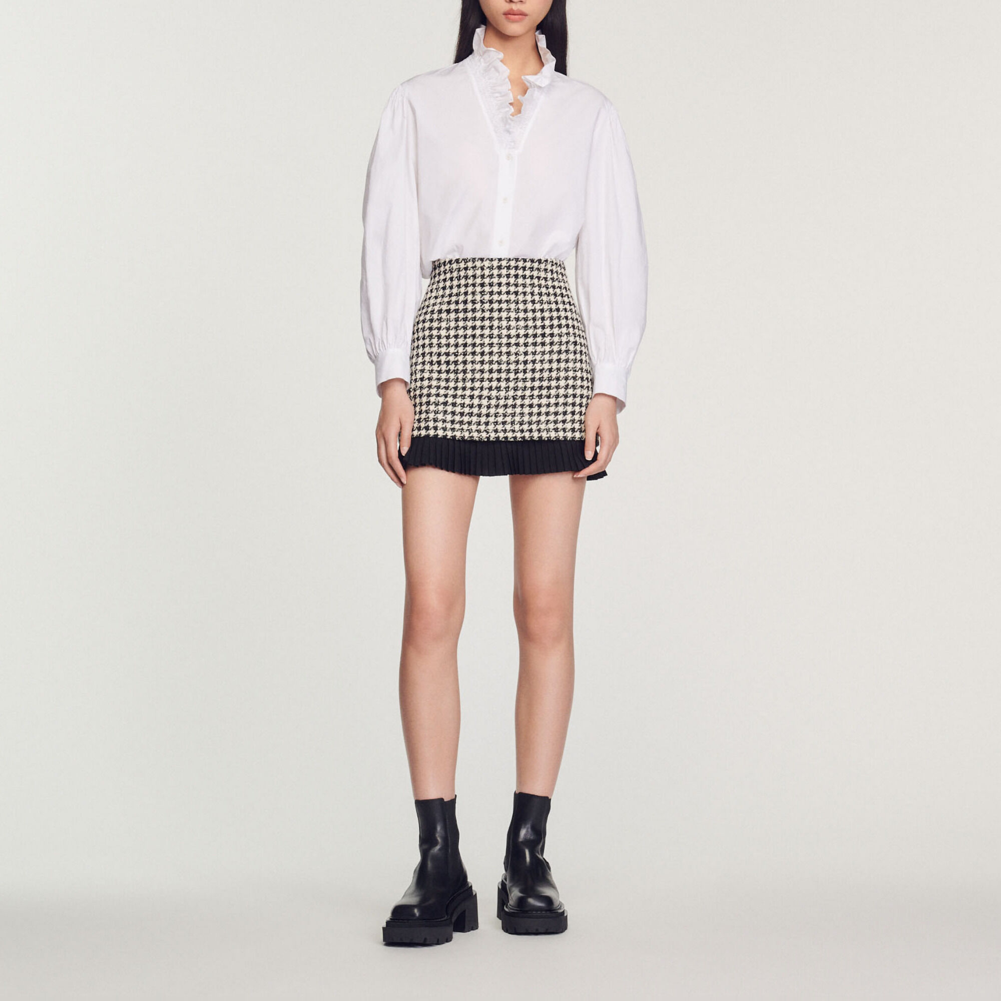 Short houndstooth tweed skirt white beige For Women Sandro Paris