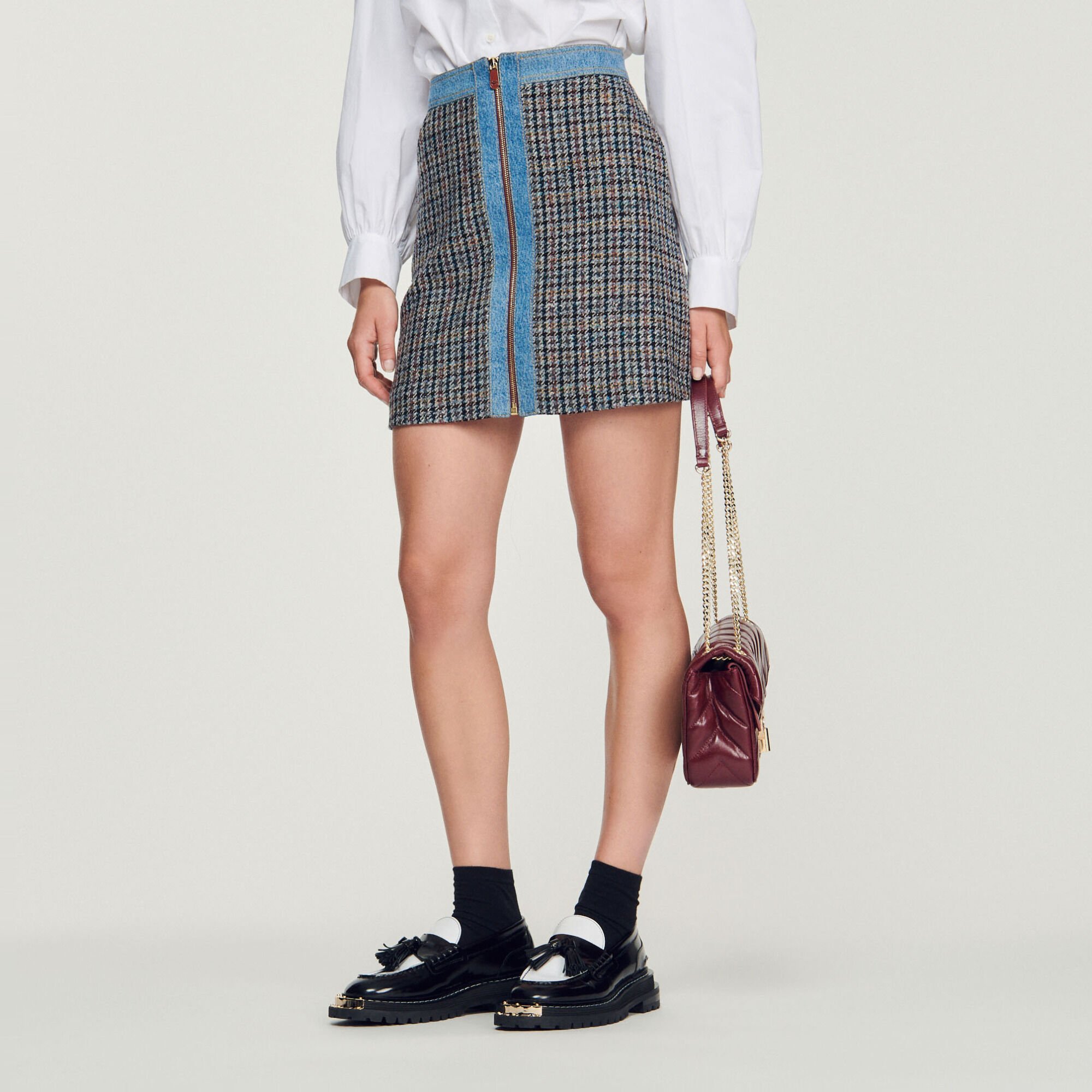 Short tweed and denim skirt