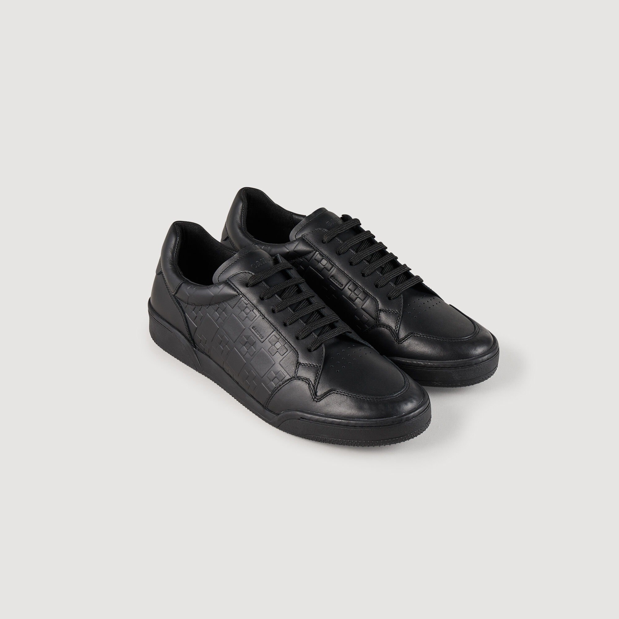 Embossed square cross leather trainers black gray for Men Sandro Paris