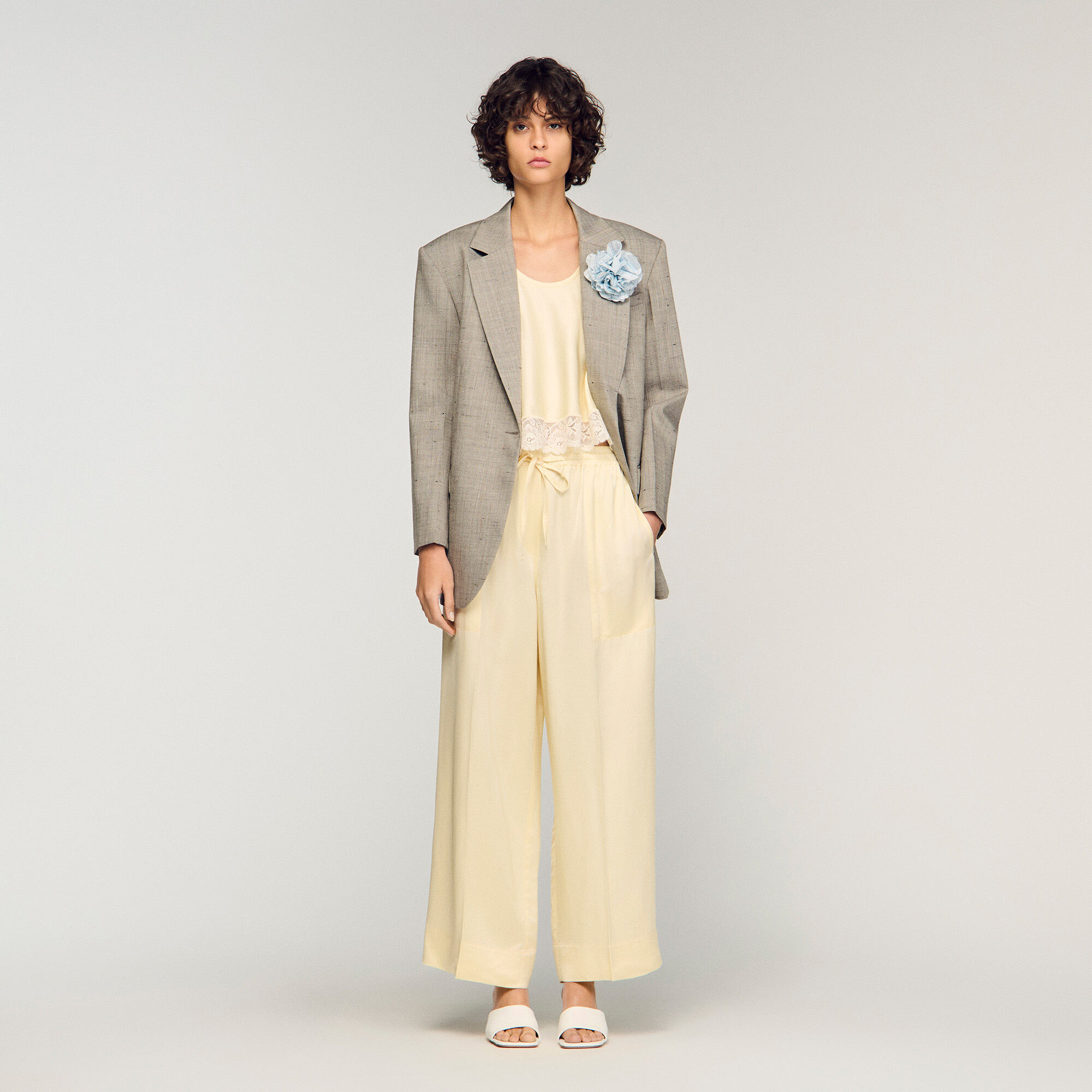 Satin wide-leg trousers yellow / orange For Women | Sandro Paris
